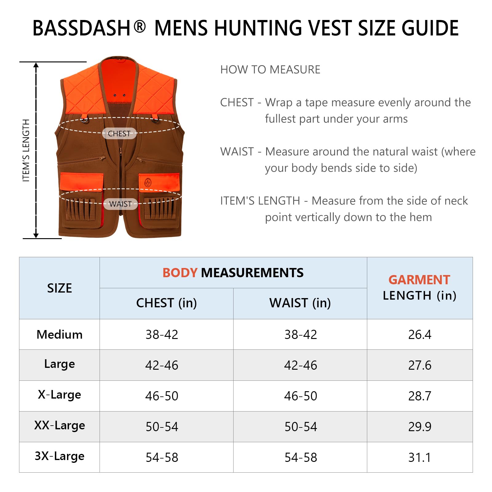 BASSDASH Gilet da caccia per uccelli con tasche multiple, arancione e marrone, resistente all'acqua, antistrappo, per uomini e donne
