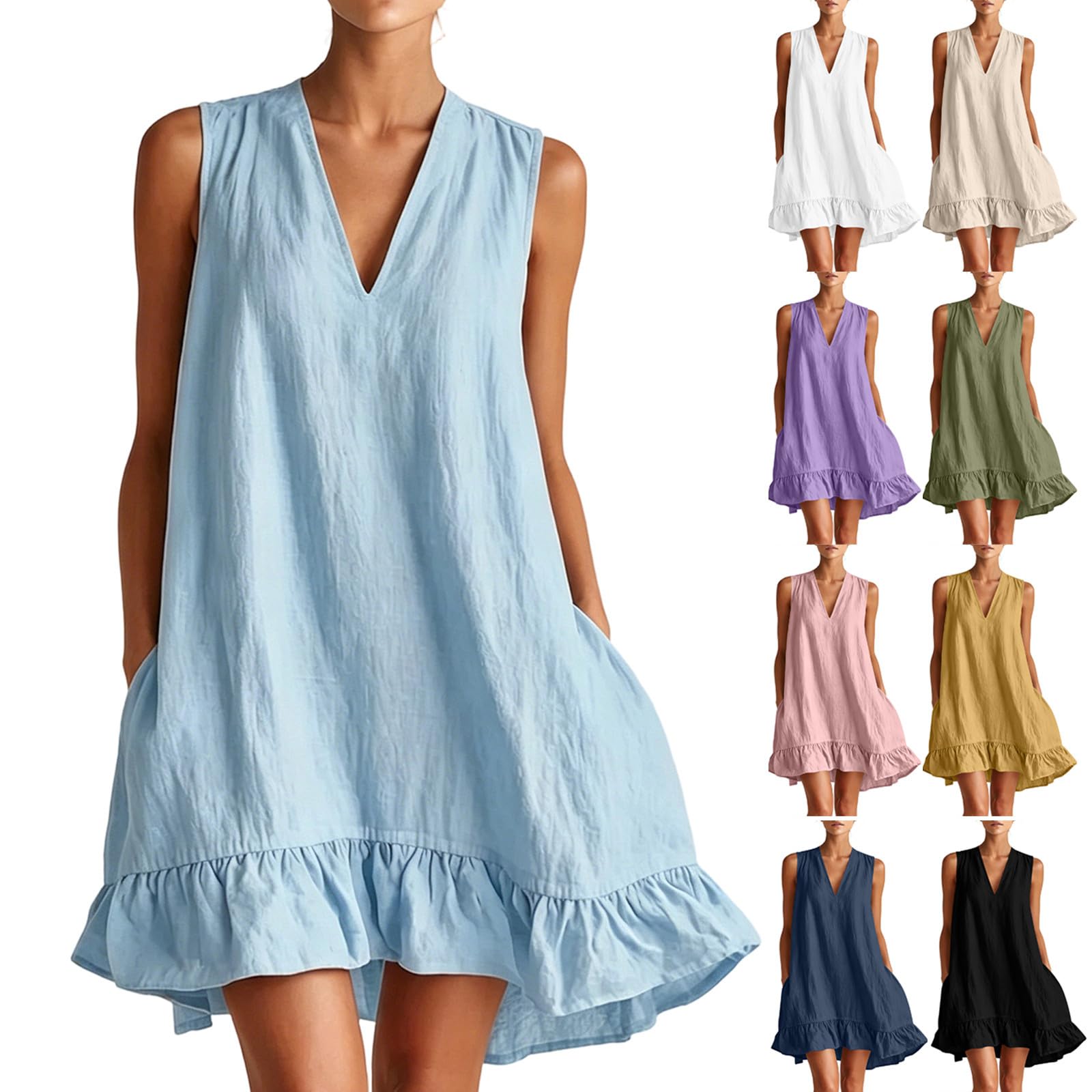 Sommerkleider Damen Ärmellos T-Shirt Strandkleid Leichte Lässige Taschen Boho Tank Kleid Minikleid Kurz Sommerkleid Baumwolle Leinen Kleider Leicht und Luftig Freizeitkleid Rüschenkleid