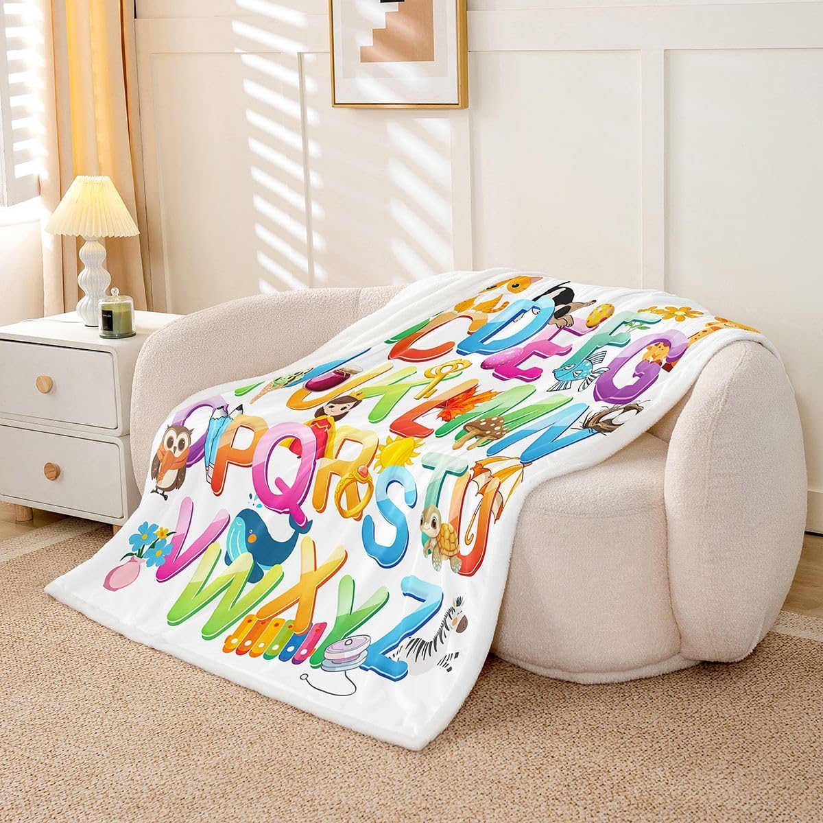 Alphabet for Kids Bed Blanket Cartoon English Alphabet Throw Blanket 60"x80" Learning Alphabet Fleece Blanket with Pictures for Boys Girls,Bird Fish Fuzzy Blanket 26 Letters Theme Crib Stroller Decor