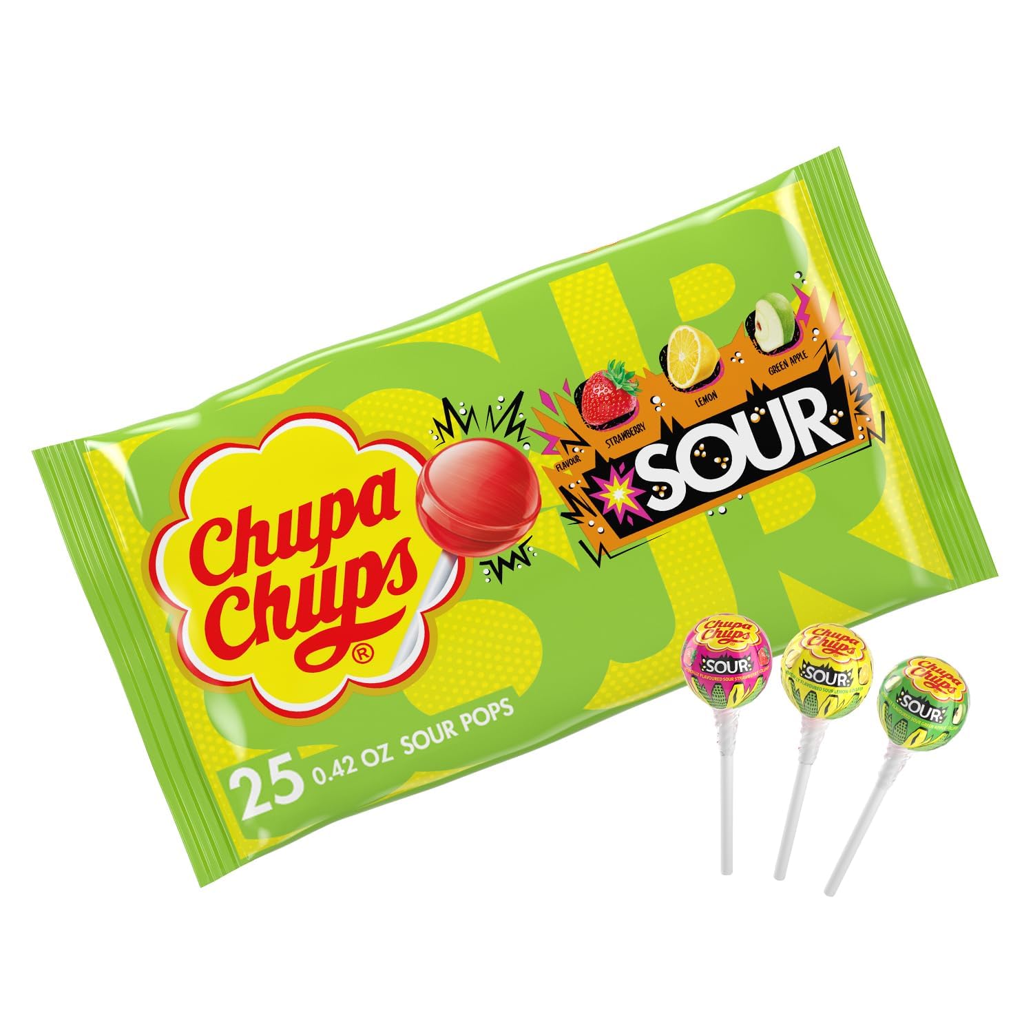 Chupa Chups SOUR Lollipops, Variety Pack, Lemon, Strawbery & Apple Flavored, Individually Wrapped Bulk Sour Candy Suckers for Adults & Kids, Bag of 25