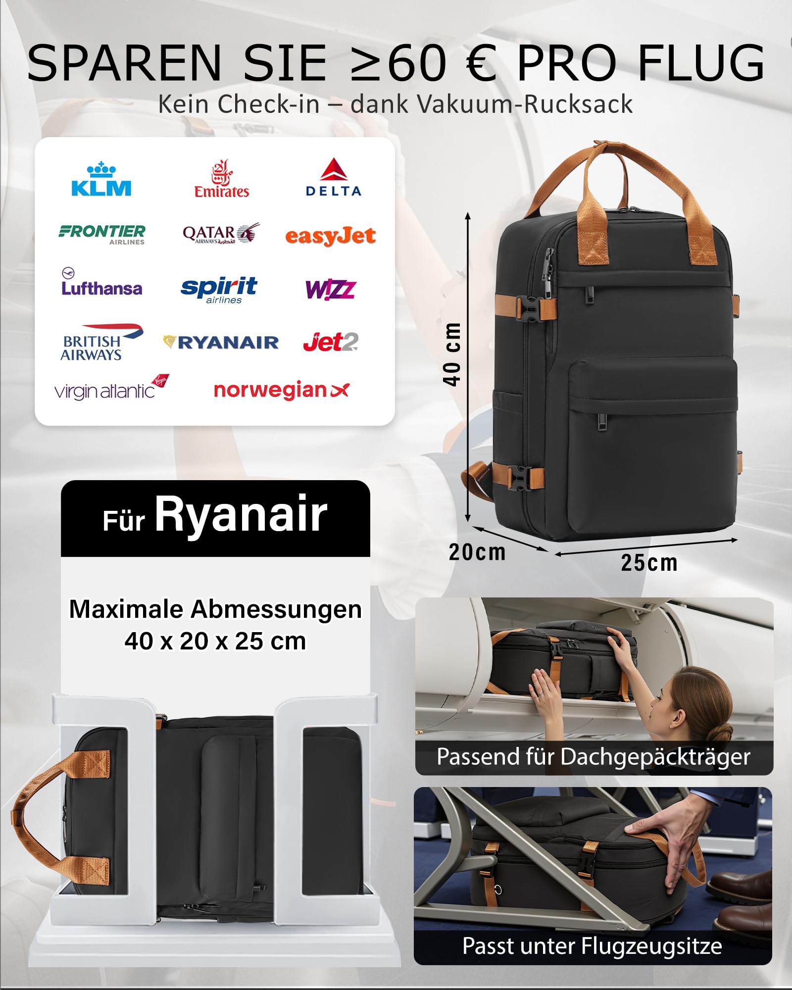COOLIFE plecak podróżny do bagażu podręcznego dla Ryanair 40×20×25, 20L, mały plecak podróżny, kabinowy, plecak podróżny do samolotu, 20L, mała torba podręczna z przegródką na laptopa, na weekendowy