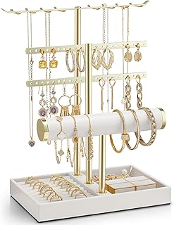 Vlando 3 Tier Jewelry Stand Organizer with Tary, Leather Jewelry Holder Display for Women, Gold Jewlery Holder Display for Necklace, Earring, Bracelet, Rings - White