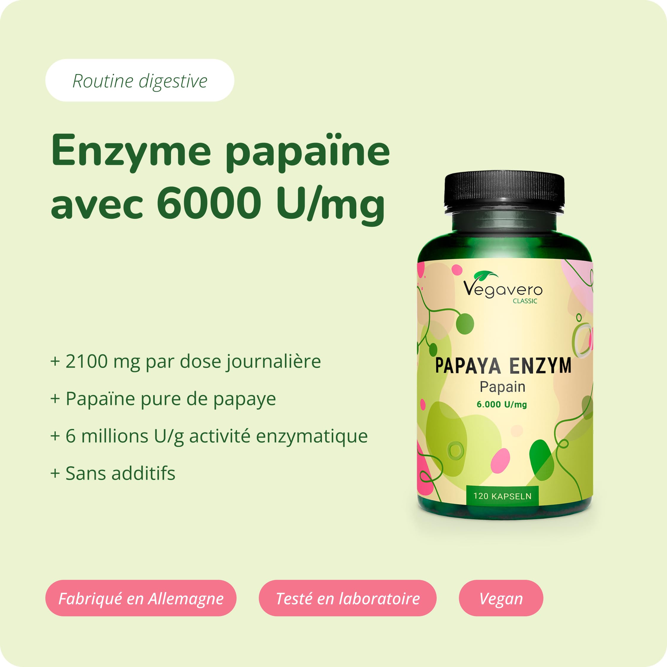 Enzyme de Papaye Vegavero® 700 mg | Papaïne Pure & Naturelle | 120 Gélules | Sans Additifs | Meilleure Digestion | Testé en Laboratoire | VEGAN