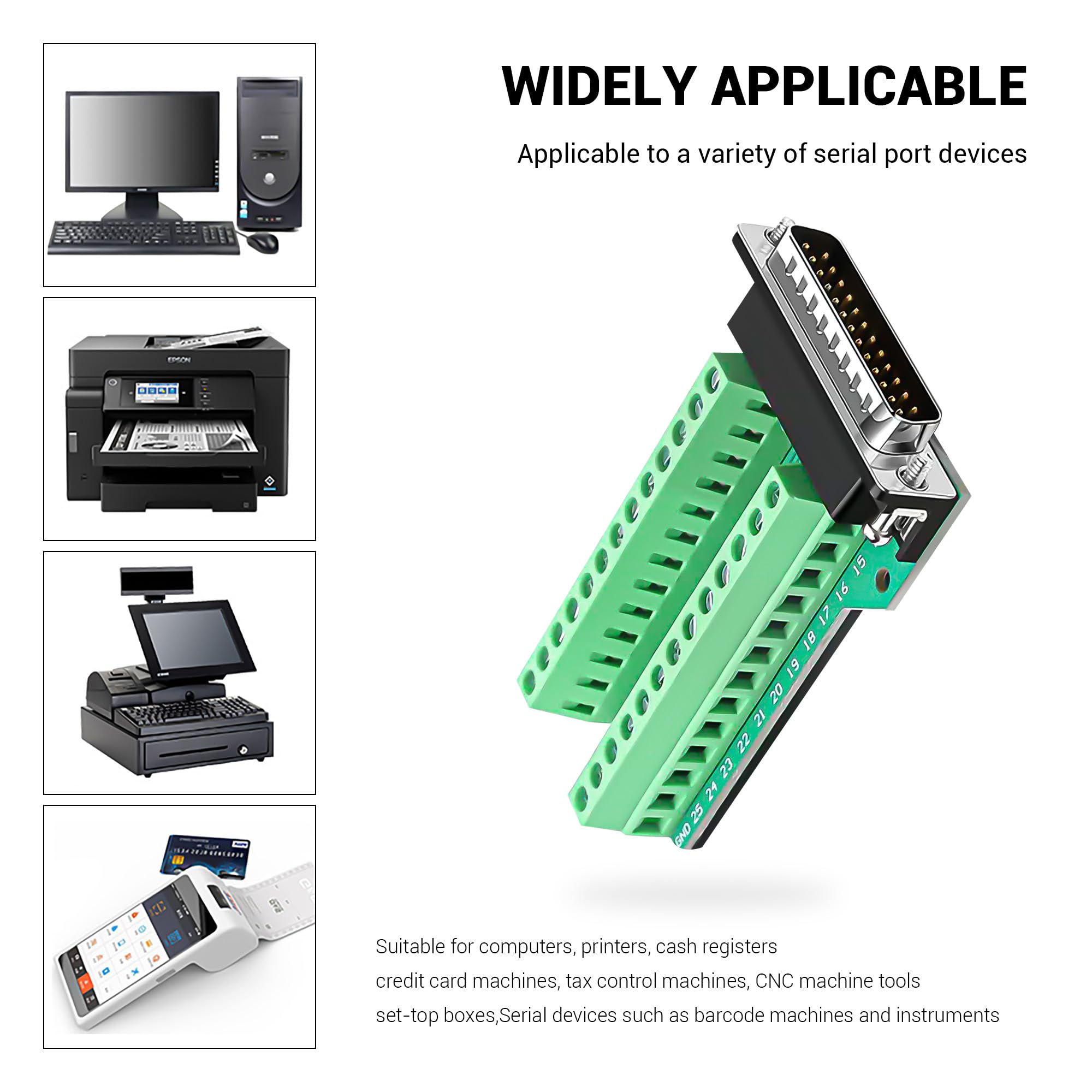 DB25 adapter zacisków śrubowych, wtyczka DB25 do bloku zacisków zaciskowych, 25-biegunowa, bezlutowa deska breakout Board D-SUB, adapter zacisk przyłączeniowy z podkładką izolacyjną (DB25, 1