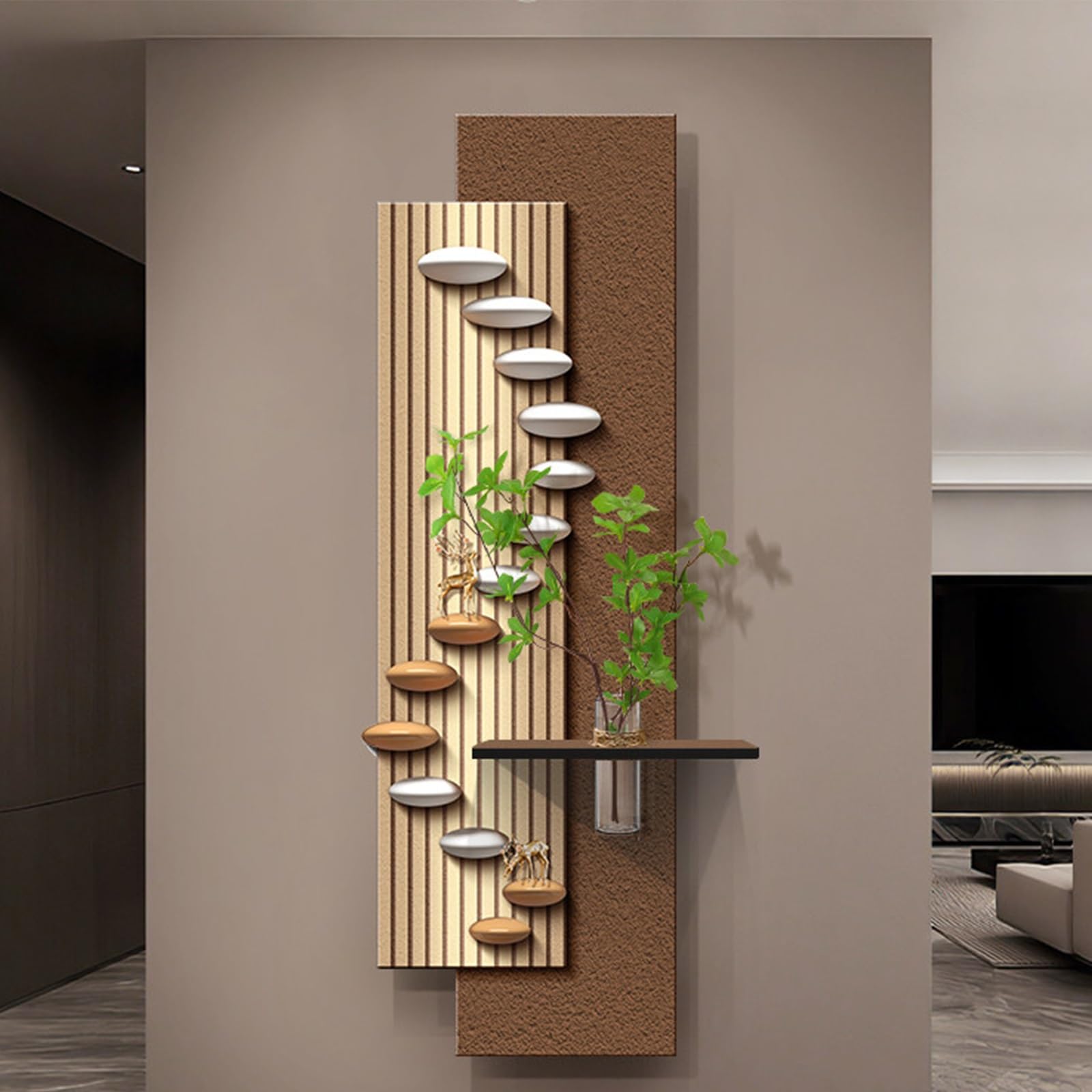 PGZMDTWI Modern 3D Sandstone Wall Art, Lighted Textured Sculpture with Glass Vase for Living Room Entryway Décor(C,60 * 180CM .7 * 70.9IN)