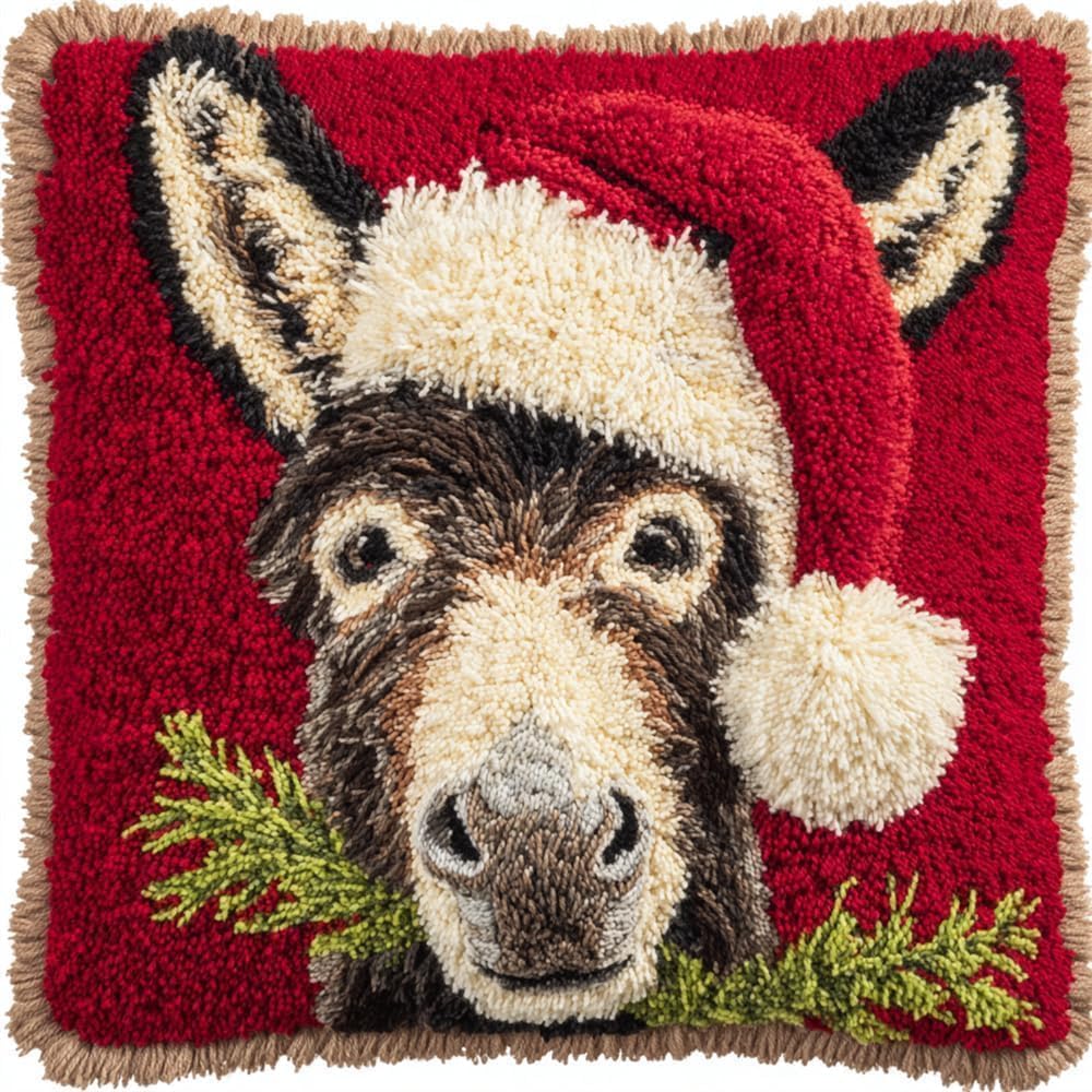 FWRTYCB Latch Hook Pillow Case Kits,Donkey Wearing A Santa Hat Latch Hook