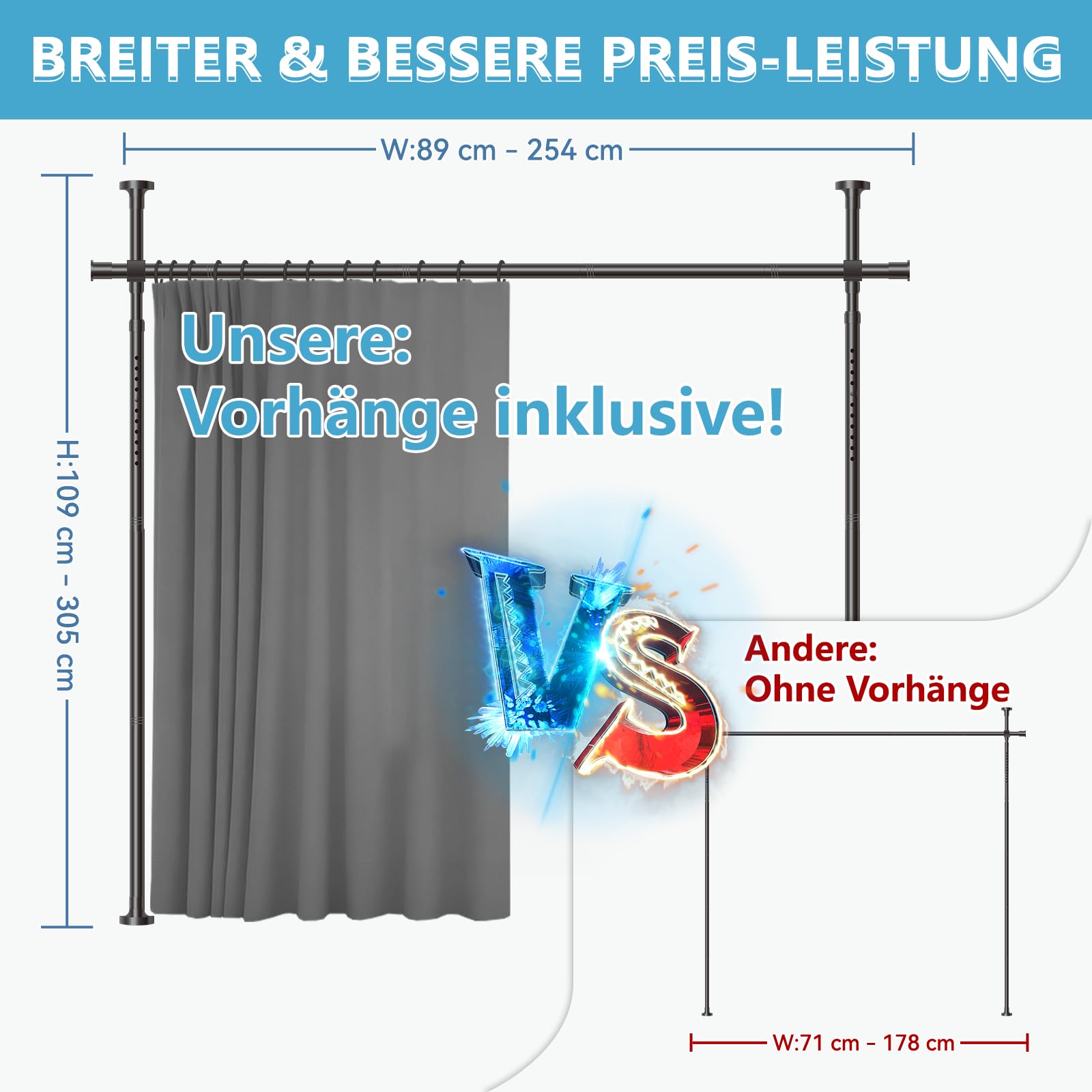 JILRON Juego de cortinas para separar ambientes, ideal para alquileres, oficinas temporales y apartamentos (1 cortina gris: H 213 x B 270 cm, Barra: H 109-305 x B 89-254 cm)