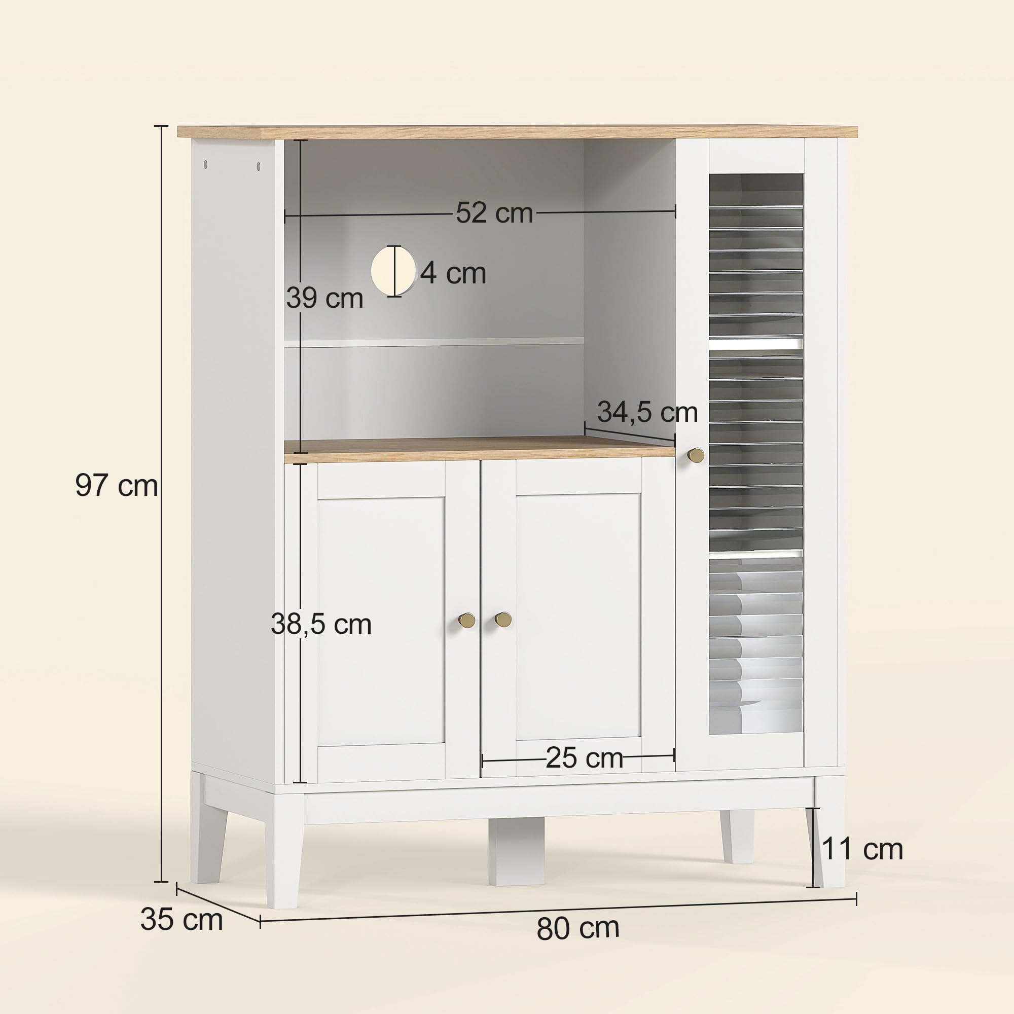 HOMCOM Mikrowellenmöbel, Küchenschrank, Sideboard, mit 1 Nische 3 Türen, Kabeldurchlass, für Küche, Esszimmer, Wohnzimmer, 80 x 35 x 97 cm, gehärtetes Glas, weiß und Holzoptik
