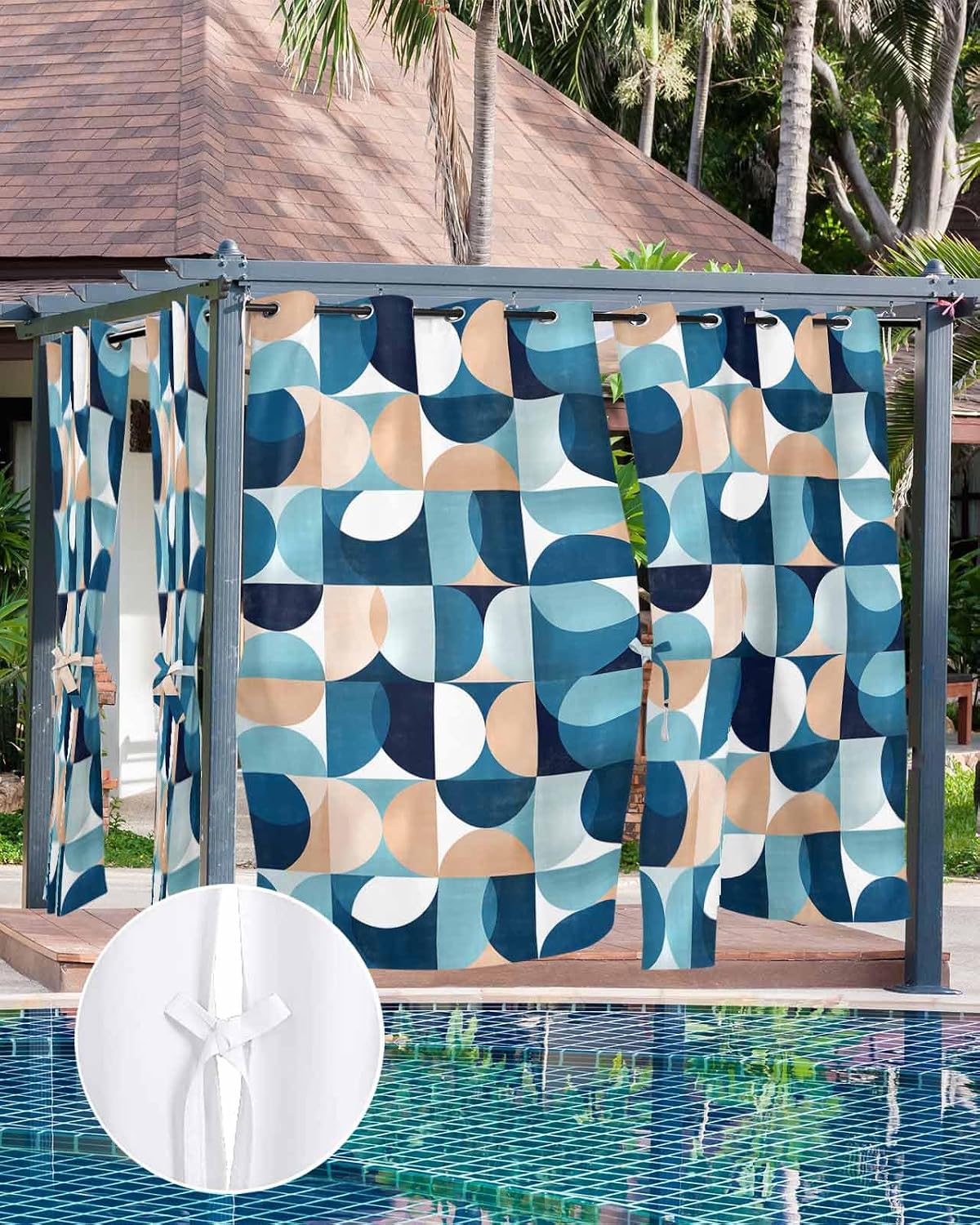 Indoor Outdoor Curtains for Patio Retro Middle Ages Abstract Geometic Teal Blue Outside Curtains Waterproof Grommet Privacy Drapes Light Filter Curtain for Porch Pergola Gazebo 52" Wx108 L 1 Panel