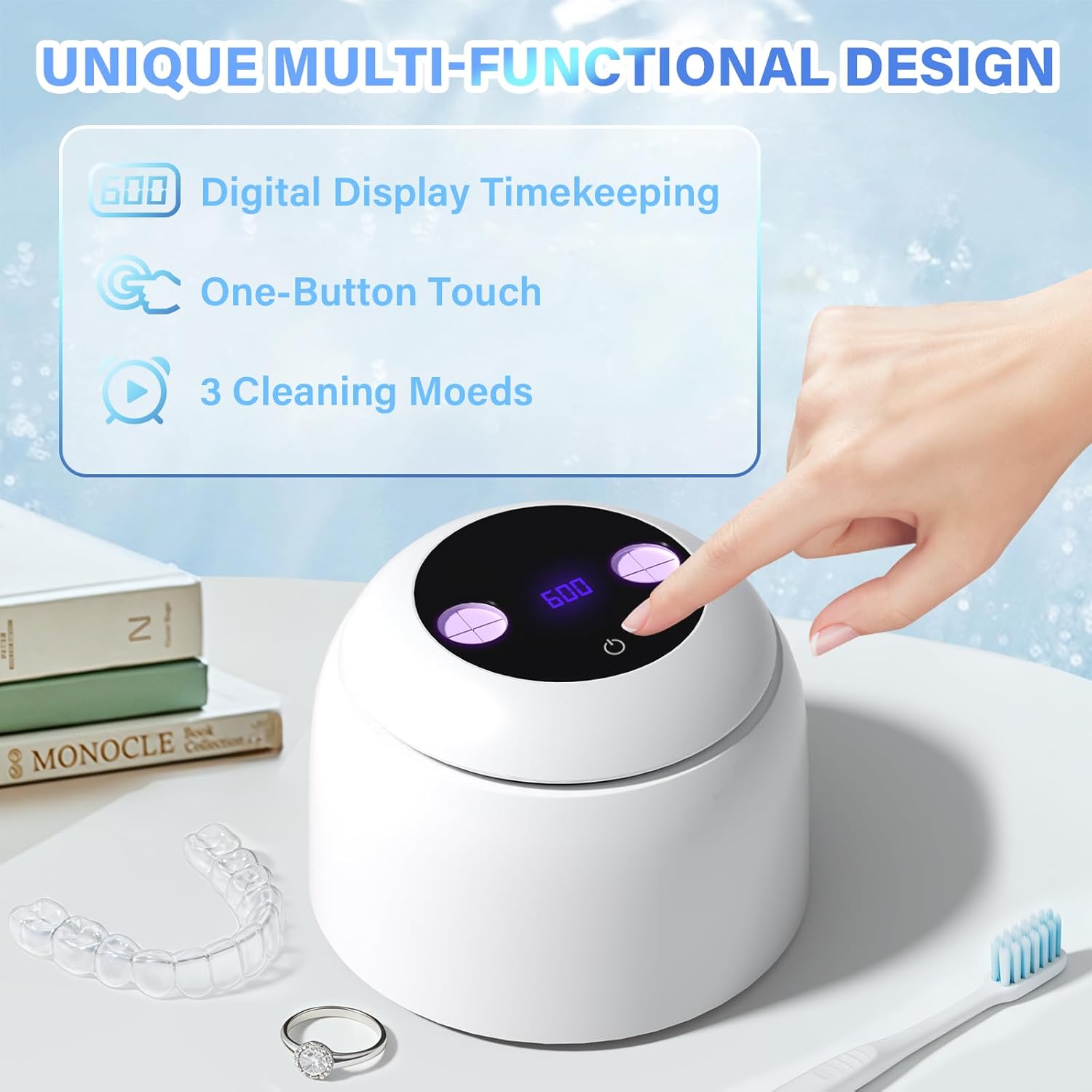 Upgraded Ultrasonic Retainer Cleaner Machine, 45kHz Dental Cleaning for Jewelry, Watch Strap, Night Guards, Toothbrush, Mouth Guards, Aligner, Braces,Denture Cleaners with Digital Timer, 200ML (White)