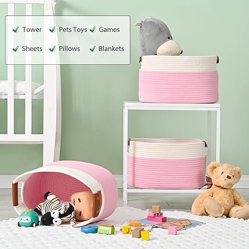 Miniatura 4 de Paquete de 2 cestas de almacenamiento de cuerda de algodón, 15 x 10 x 9 pulgadas, contenedores de almacenamiento plegables, canastas decorativas