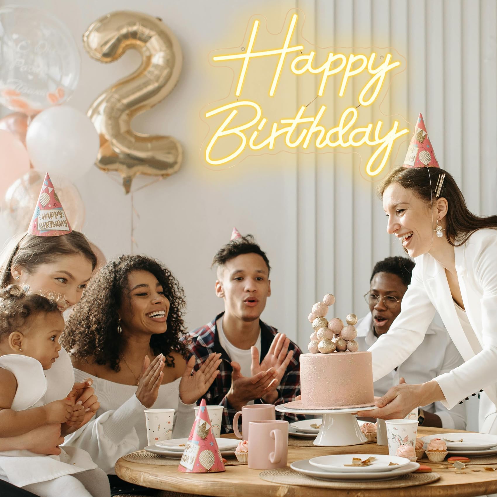 neonowy znak "Happy Birthday" na tle, podświetlany znak LED "Happy Birthday", zasilane przez USB, ściemniane światło neonowe na przyjęcie urodzinowe, dekoracja ścienna, ciepła biel