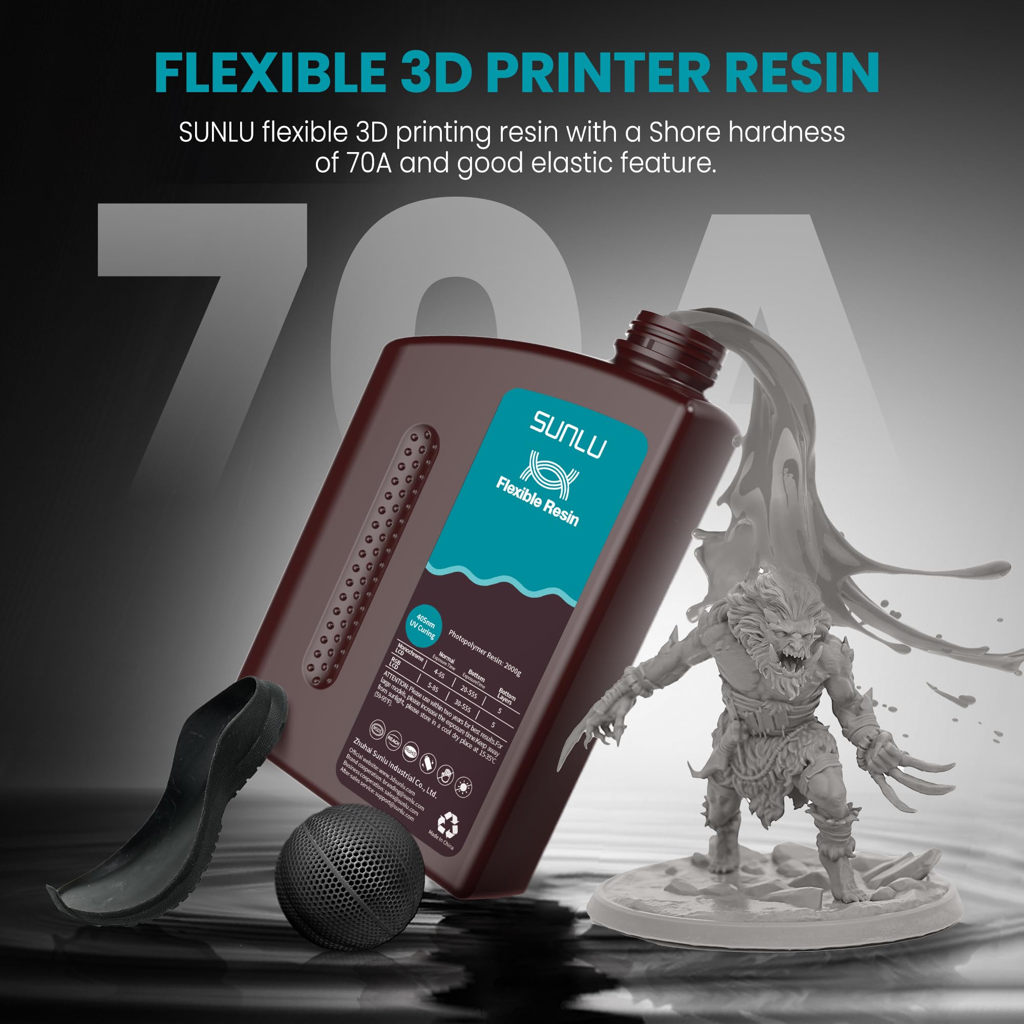 SUNLU Resina flexible para impresora 3D 2kg, resina de impresión 3D 66A, para imprimir artículos flexibles y flexibles, flexibles y no frágiles, resina fotopolímero UV de secado rápido de 405 nm.
