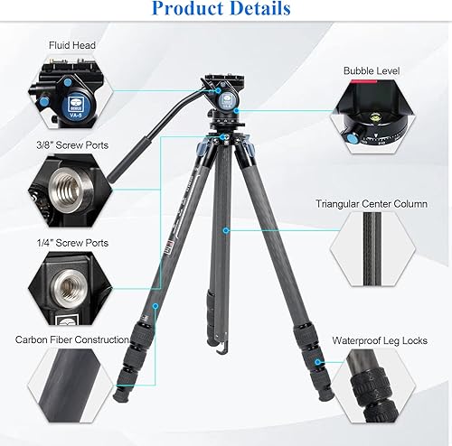 Miniatura 2 de SIRUI Trípode profesional de fibra de carbono con cabezal de video fluido de 360, trípode de cámara de video de 72 pulgadas con columna central