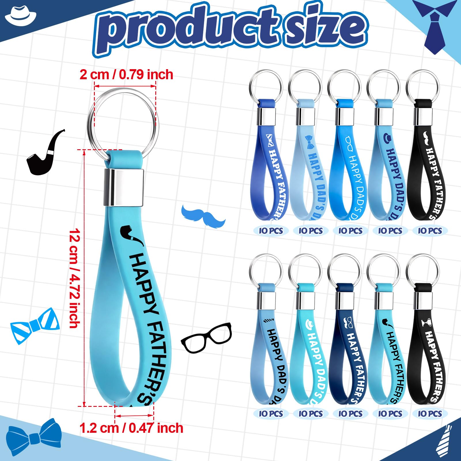Huquary 100 Pcs Happy Father's Day Silicone Keychains Best Father Gift Rubber Keyrings Thank You Dad Gift Keychain Wristlet Dad Birthday Gifts from Daughter Son Party Favors Papa Appreciation