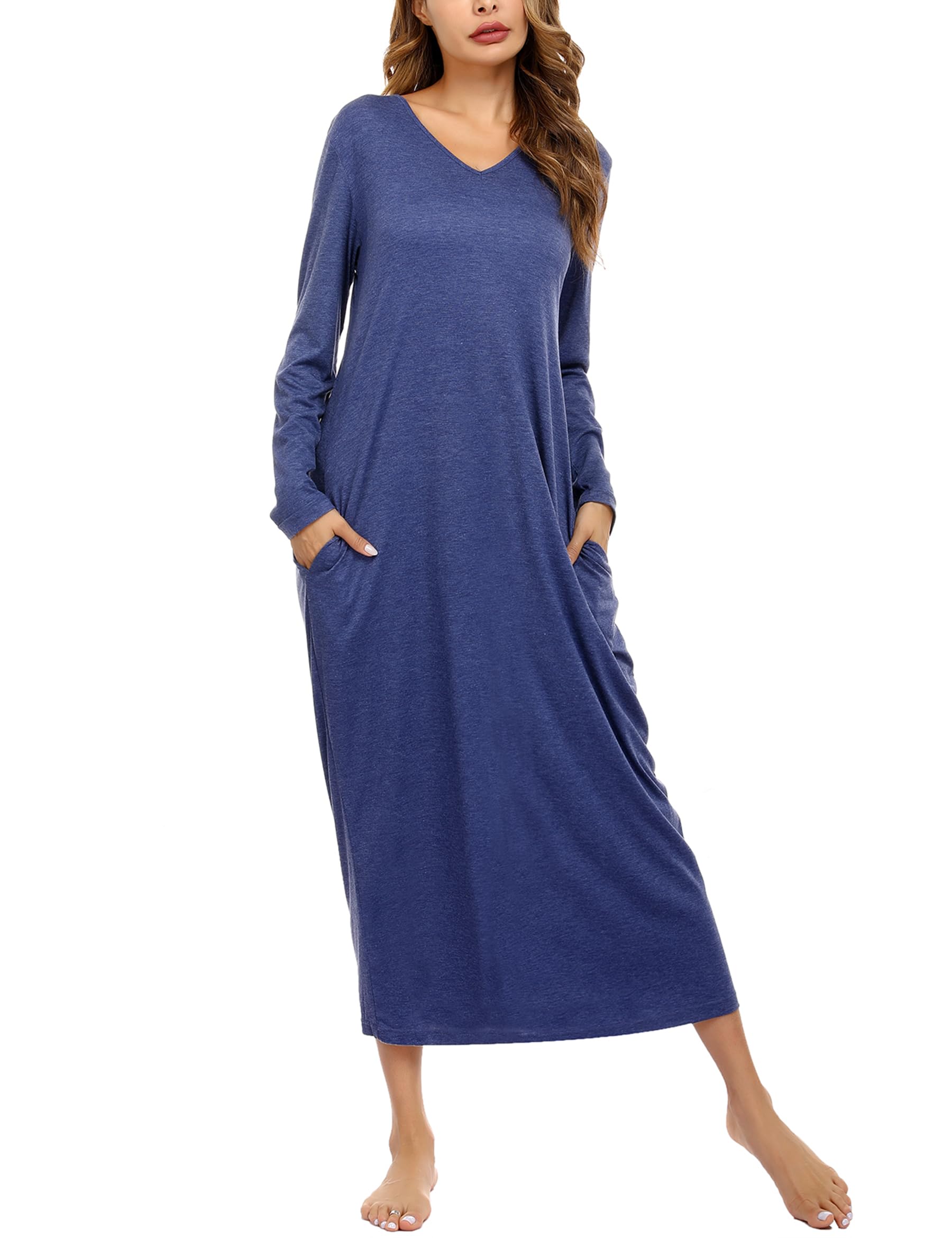 Sykooria Camisón Mujer Algodon Camisónes Largo Ropa de Dormir Ropa de Salón Casual Camisón Holgado con Bolsillos S-XXL
