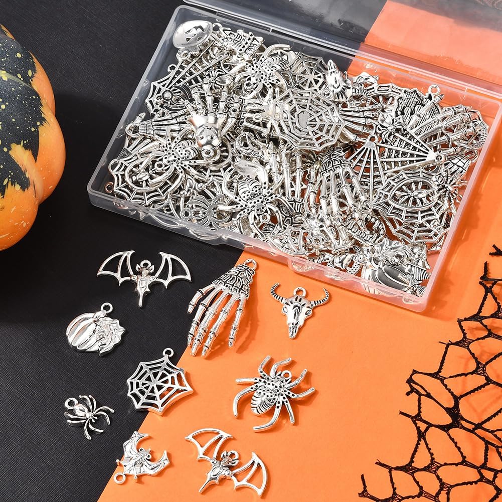 1 Box 100Pcs Metal Halloween Charms Vintage Halloween Charms Bulk Random Styles Alloy Silver Bats Ghosts Pumpkins Spiderwebs Pendants for Jewelry Making Findings DIY Crafts Decoration Adults
