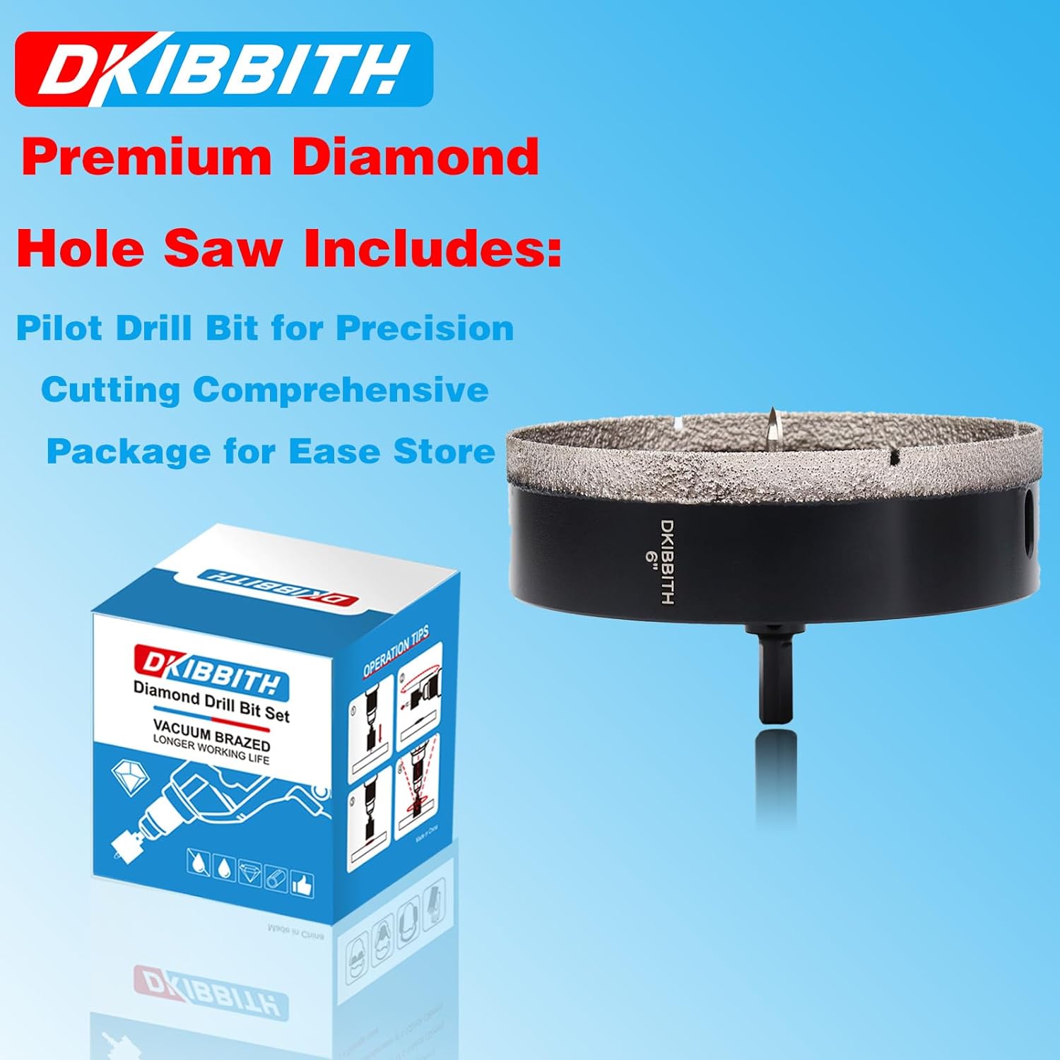 6" Diamond Hole-Saw Bits with Pilot Drill Bit 6 in Diamond Tipped Tile Hole Saws with Guiding Bit for Accurate Drilling, for Porcelain Tile Ceramic Pottery Granite Stone Glass Bottles 152mm