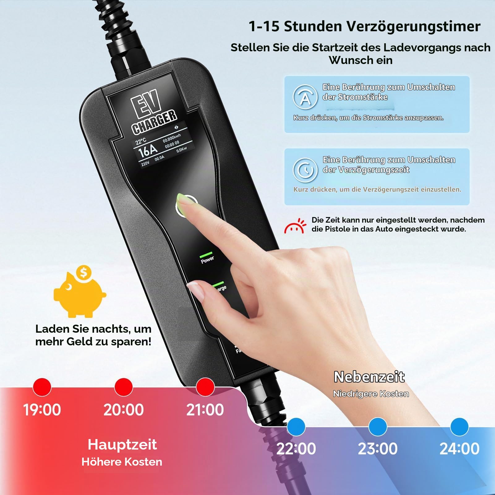3.6kW Mobile Wallbox Typ 2 Ladekabel 6M, Ladegerät Typ 2 Schuko | Einstellbarer Strom 8A/10A/13A/16A, 1–15H Verzögertes Laden, EV Ladegerät Mit Tasche (IEC 62196-2)