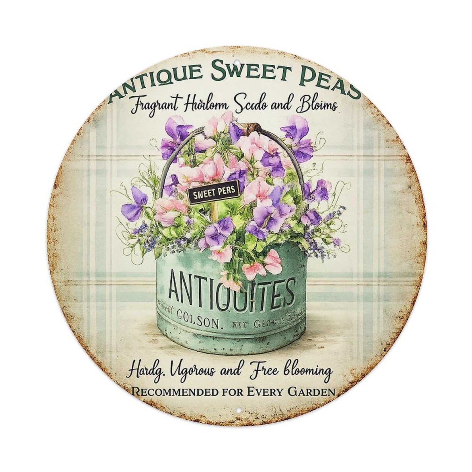 Antique Sweet Peas In Bucket Metal Tin Sign Plaque