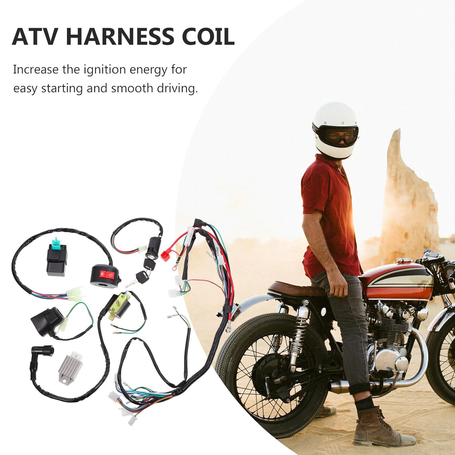 NUOBESTY ATV Wiring Harness Kit with Coil Set for 50-110cc Off-Road Dirt Bikes, Complete Replacement Electrical Wire Harness for ATV Accessories and Powersports Parts