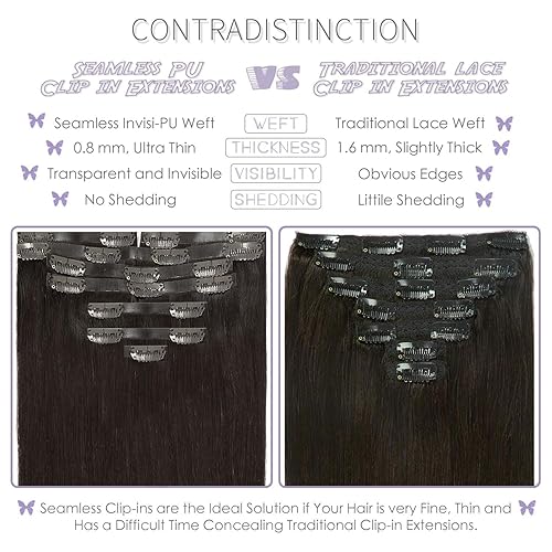 Vista 332 de Lacer Extensiones de cabello humano con clip, de doble trama, cabello brasileño de cabeza completa, color negro azabache, extensiones de cabello