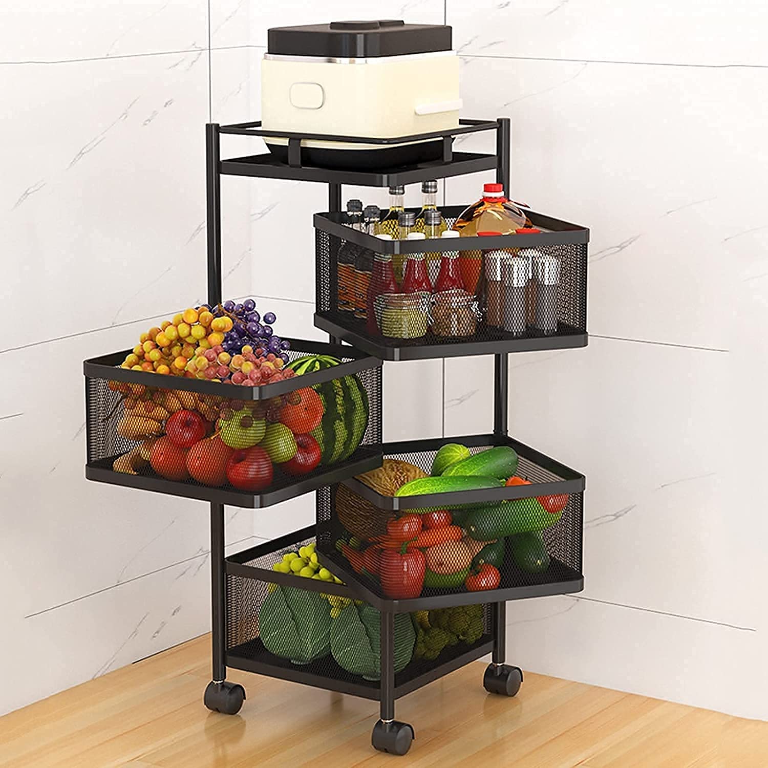 Cesta de frutas rodante para organizar tu cocina moderna con niveles giratorios de pie