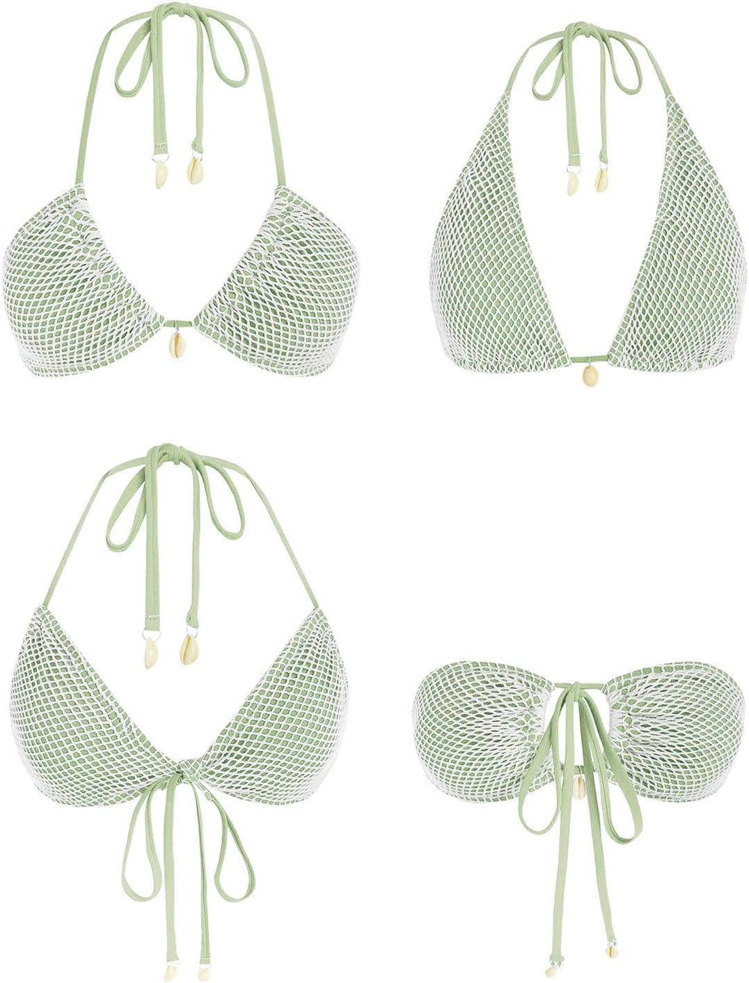 seamoly Women's Two Piece Bathing Suit Fishnet Shell Tie Back Halter Bikini Set High Cut Side Tie Bikini Bottom Swimsuit Green L - Image 2