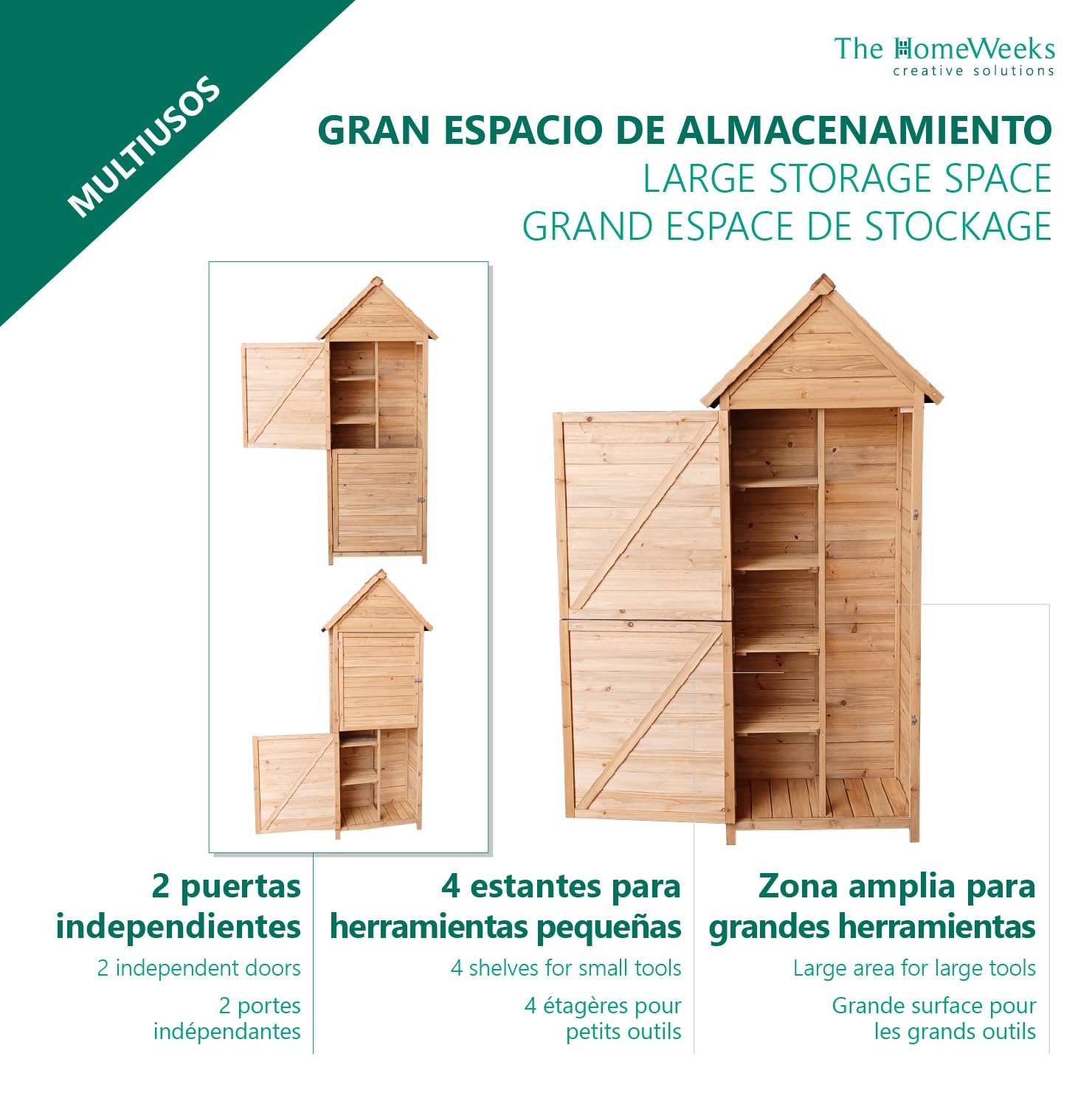 The Homeweeks Cobertizo Armario Caseta | Luka | Madera Tratada Maciza 70 * 35 * 177cm | Armario Multiusos | Impermeable | para Almacenamiento y Protección de Herramientas y Accesorios de Jardín