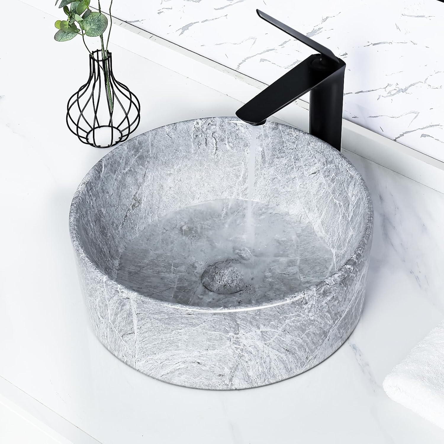 Tysun Round Vessel Sink, 16'' x 16'' Round Shape Bathroom Vessel Sink Modern Above Counter Grey Porcelain Ceramic Bathroom Lavatory Vanity Vessel Sink Art Basin with Pop-Up Drain 16'' x 16'' Gray