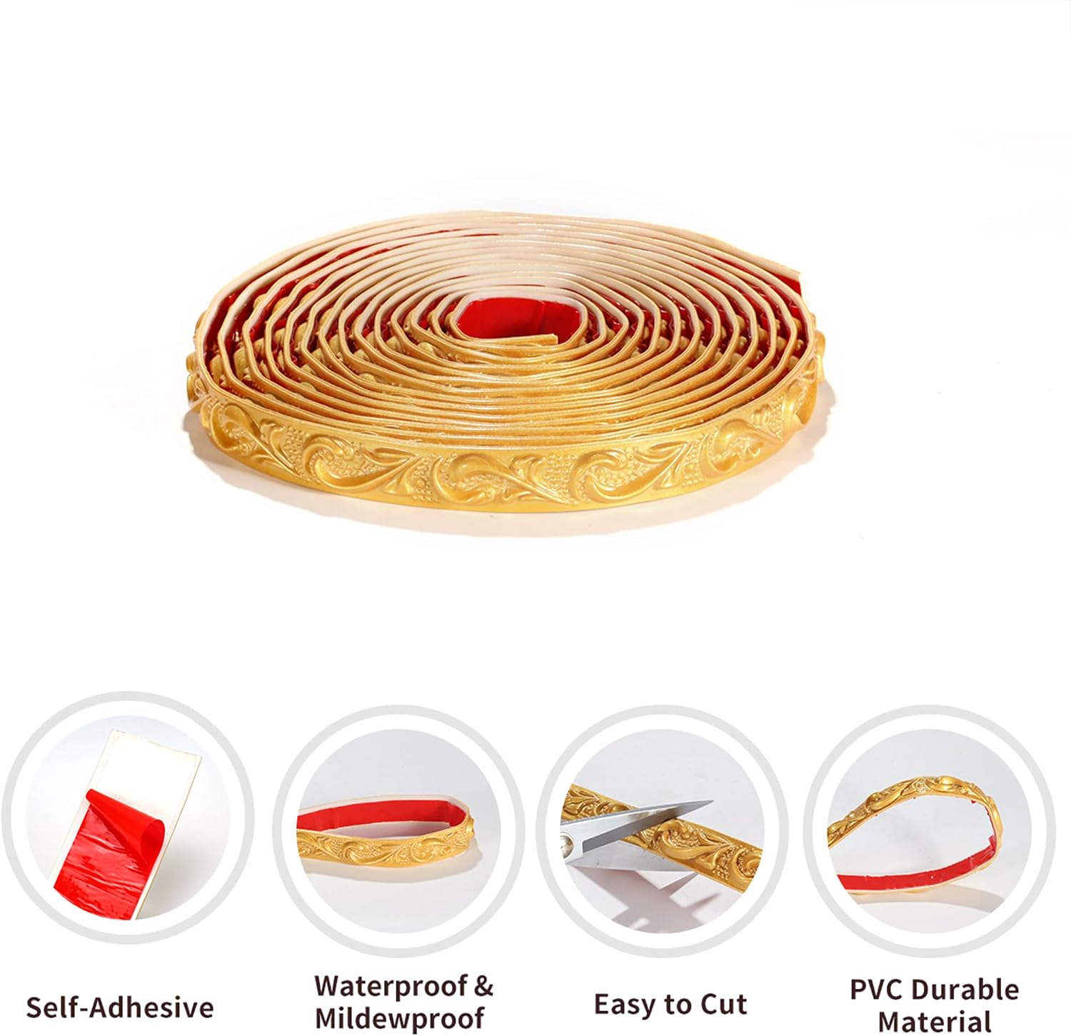 Flexible Wall Trim, 16.4 Feet Self-Adhesive Peel Stick Crown Molding Ceiling Molding, Cabinet Border, Mirror Frame Trim, Gold