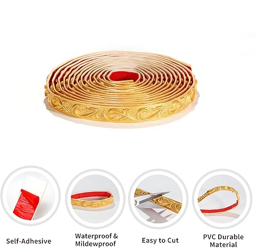 Miniatura 4 de Moldura de pared flexible, 16.4 pies, autoadhesiva, corona de moldura de techo, borde de gabinete, borde de marco de espejo, dorado