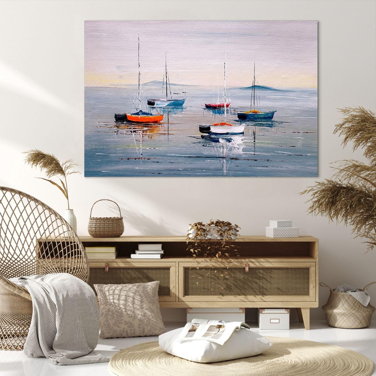 Tableau Déco Moderne 120x80cm - Impression Sur Toile Voiliers Bord De Mer - Nautique Orange - Neuf