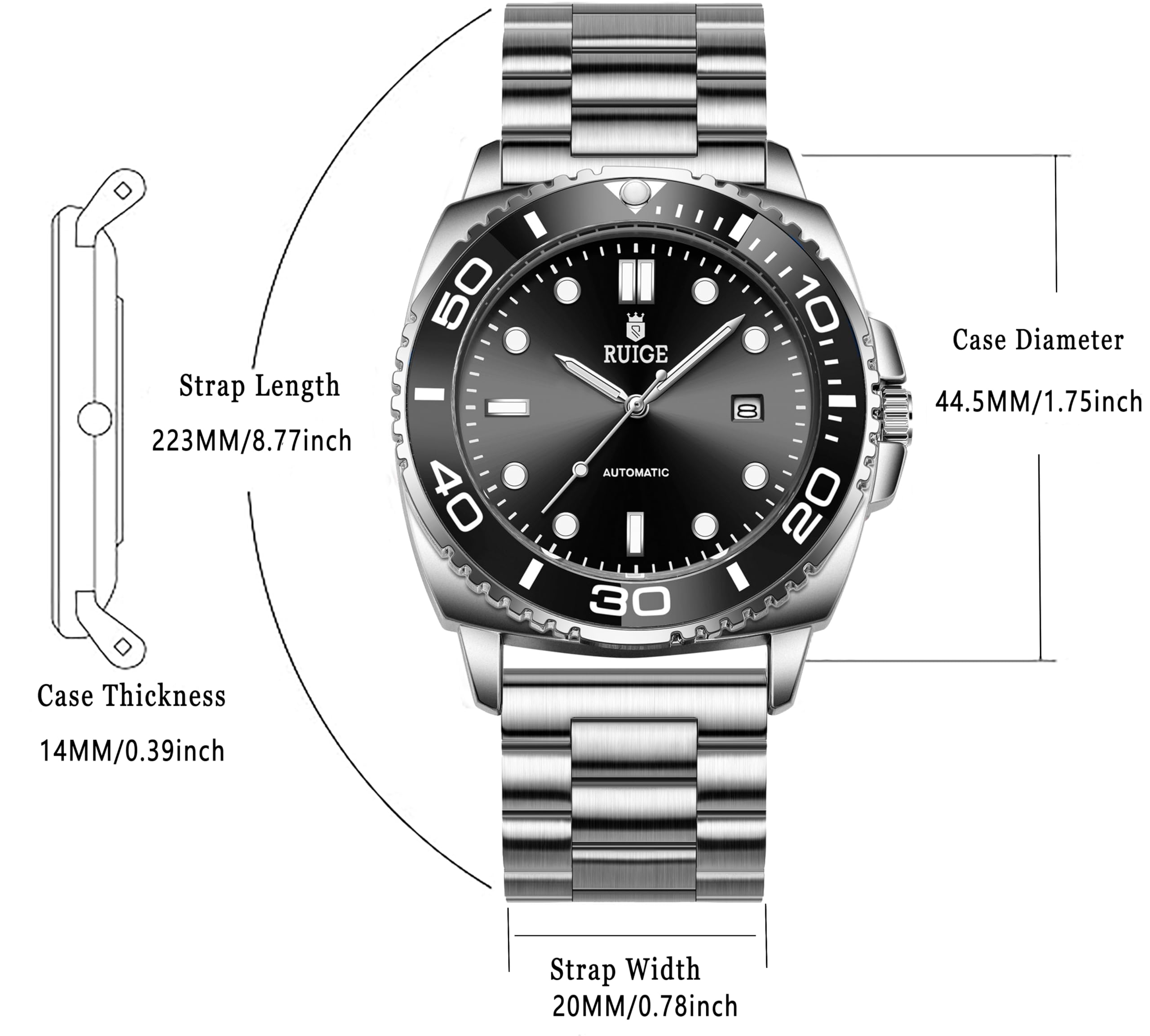 RUIGE Orologio meccanico completamente automatico da uomo, con calendario in acciaio inox, lunetta girevole, alla moda, alla moda, luce notturna, impermeabile, A8-2