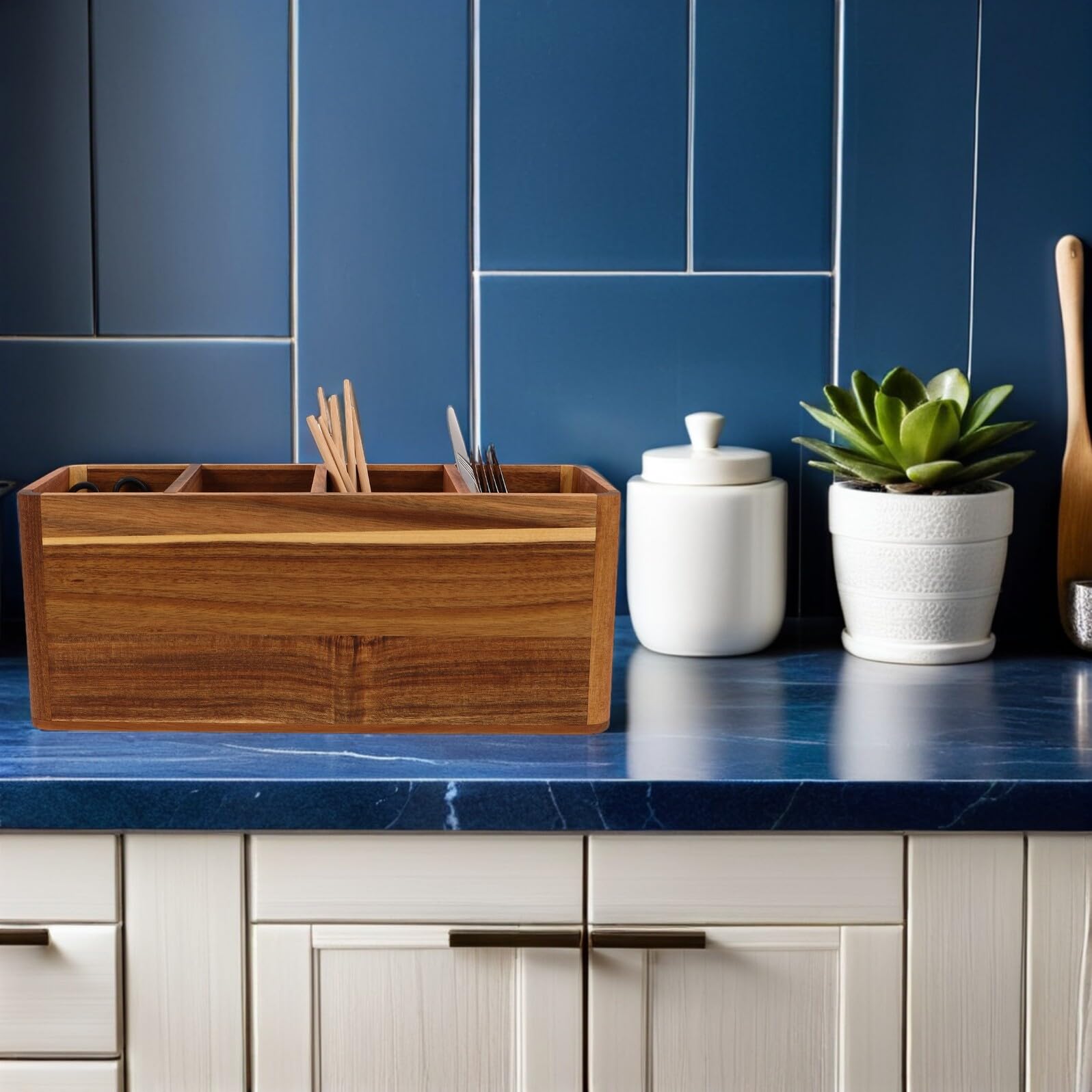 Gatuida Porte-Ustensiles Cuisine en Bois Massif à 4 Compartiments Organiseur d'Ustensiles Cuisine Rustique pour Plan de Travail Boîte de Rangement Compacte pour Couverts et Cuillères