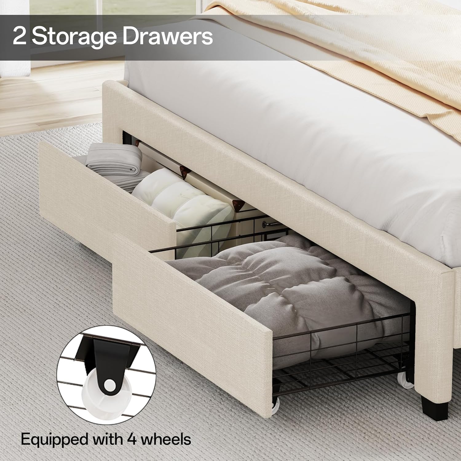 Full Size Bed Frame, Full Bed Frame with Storage Drawers, Upholstered Bed Full Size with Charging Station and LED Lights, Easy Assembly, Beige