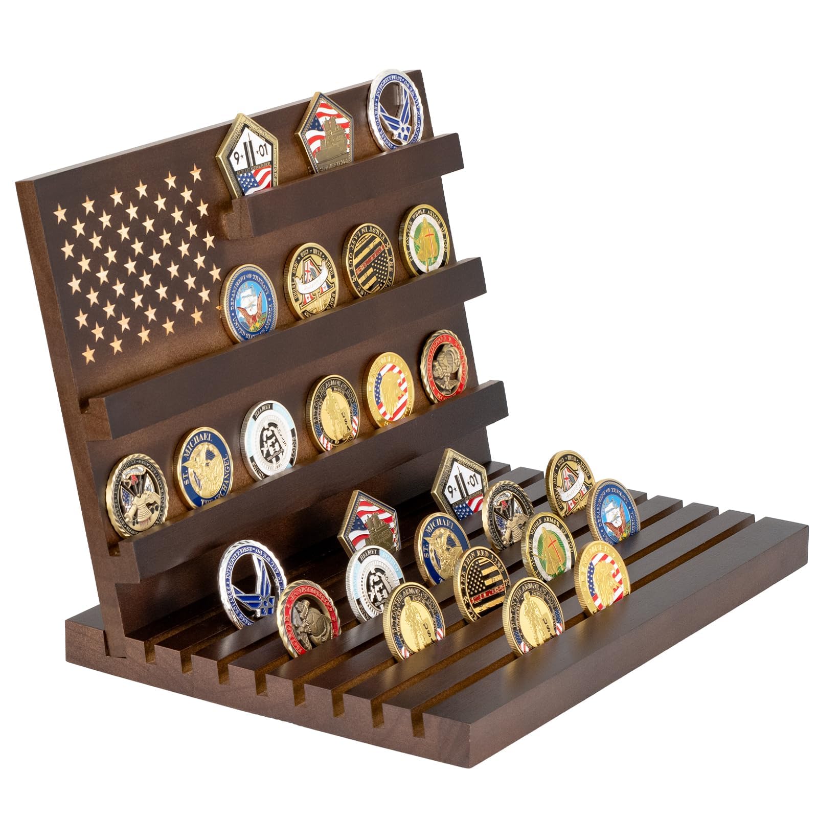 Herausforderungs-Münzdisplay, Militär-Münzhalter aus Holz für Schreibtisch oder Preisverleihung, vertiefte Anti-Rutsch-Rillen, große Kapazität von 80 Münzen (Walnuss)