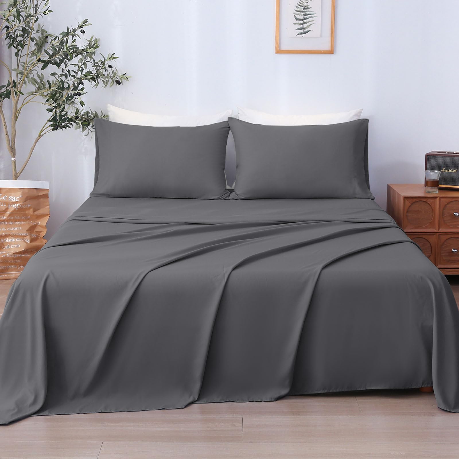 LONAVA Queen Sheet Set 4 Pieces Dark Gray Ultra Soft Breathable Microbifer Sheets 1600 Thread Count Hotel Luxury