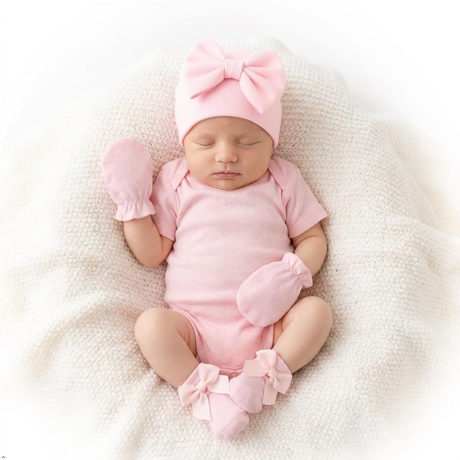 Frühchenmütze, Fäustlinge und Socken, 6 Stück, Baumwollschleifen-Kappen und kratzfeste Frühchen-Fäustlinge für Babys und Mädchen