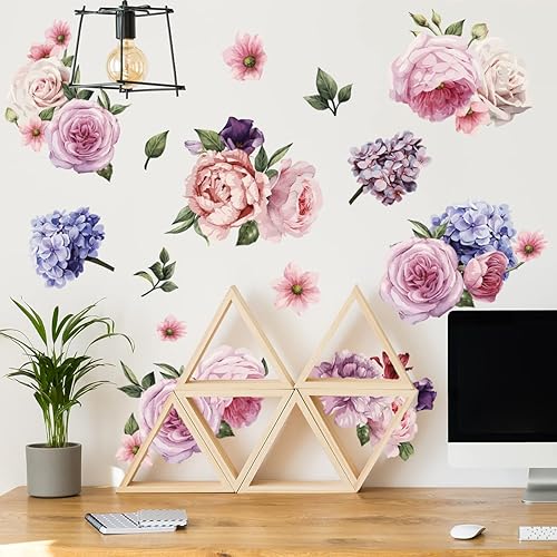 Calcomanía floral de pared con flores de peonía vinilo para despegar y pegar calcomanías de pared de peonía 2 hojas de decoración de pared floral