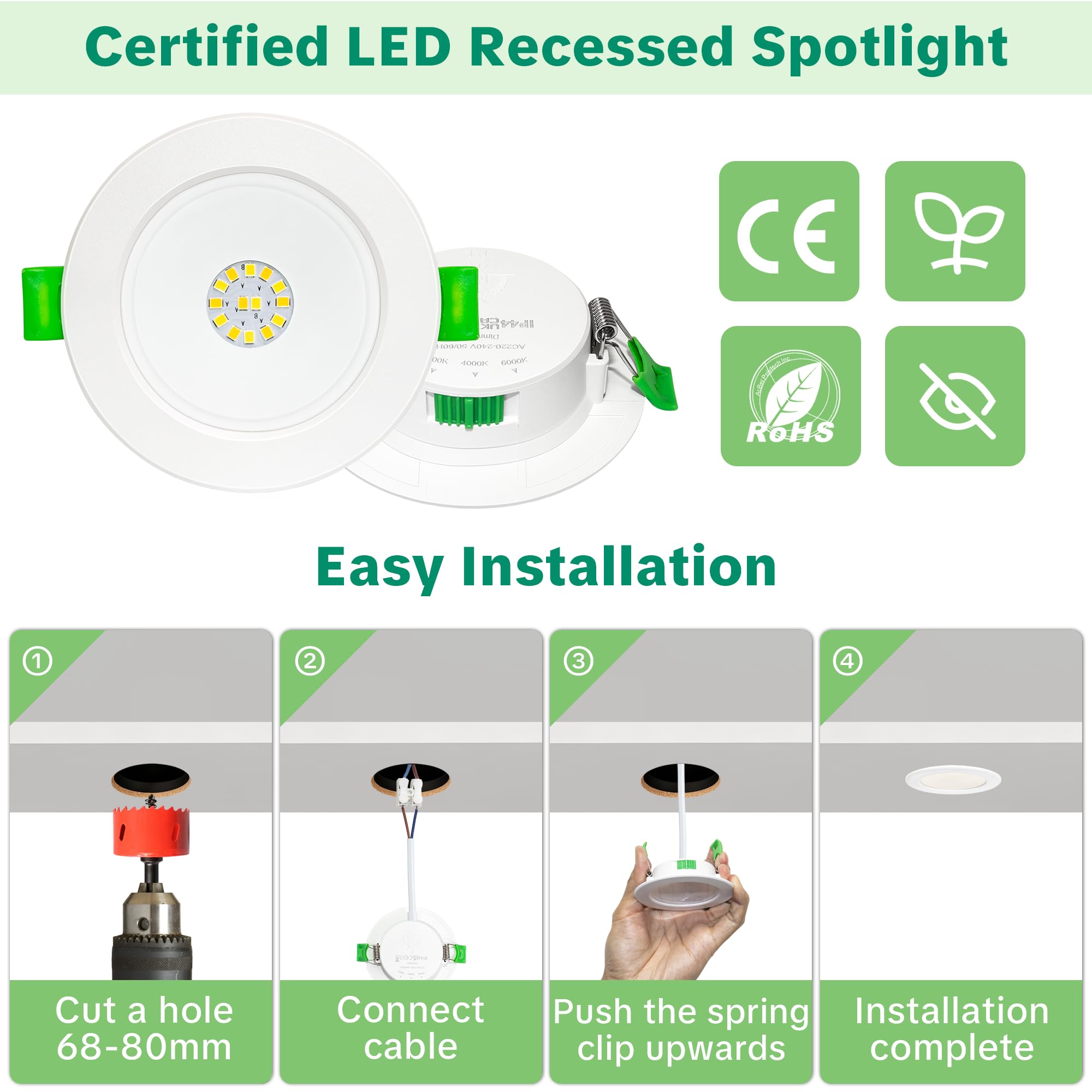 LED Einbaustrahler 230V Flach Dimmbar, 68-80mm Lochmaß 5W 650LM LED Spots, 2700K/4000K/6000K Einbauleuchten Einbauspots, IP44 Spots Deckenleuchte für Bad Küche, Deckenspots Weiß 6er Set