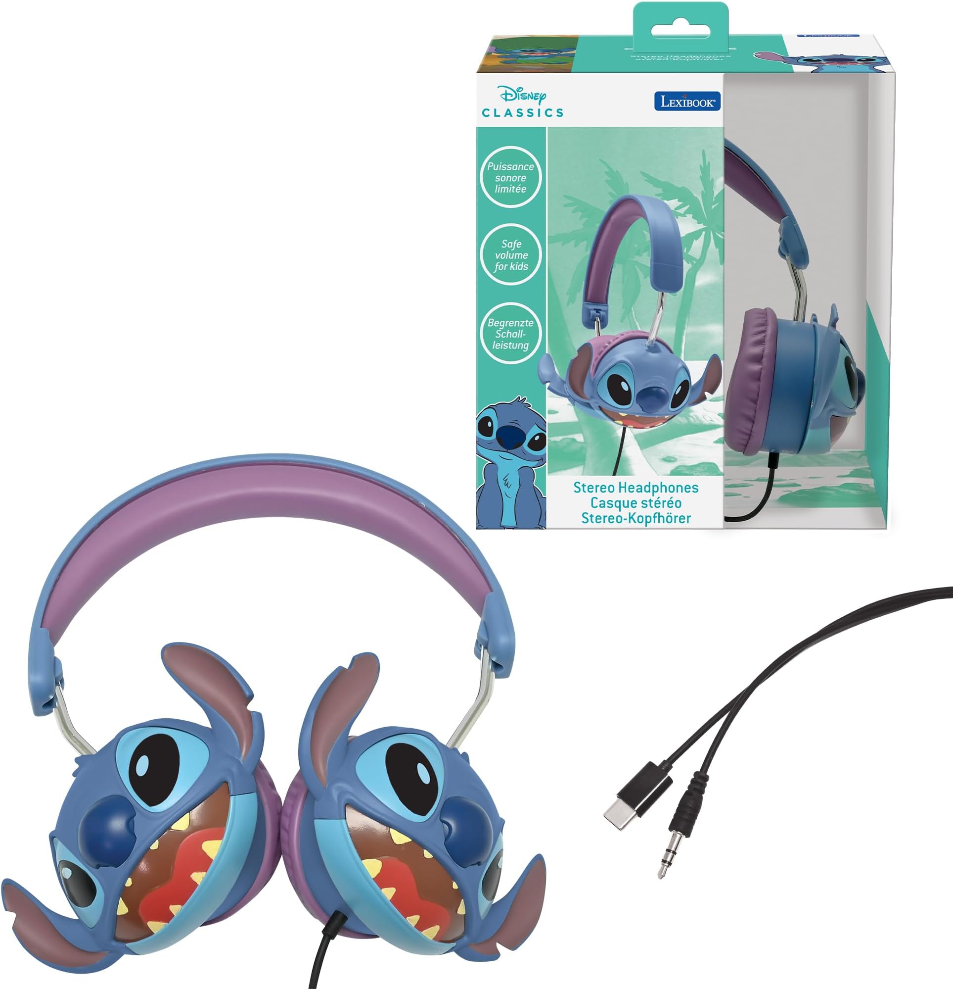 LEXIBOOK, Disney Stitch, Stitch 3D wired stereo headphones, Foldable, Limited sound power, HP015D