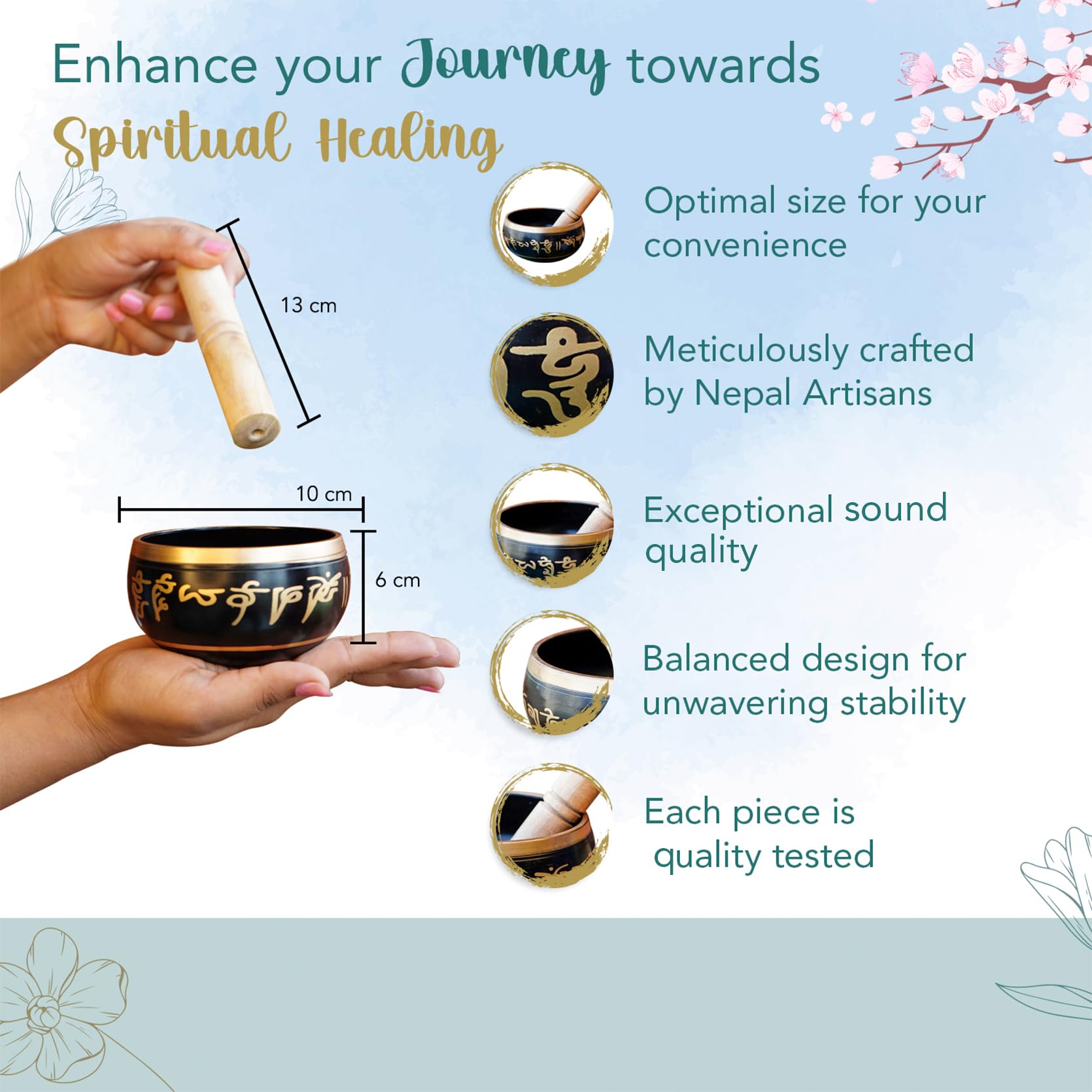 Ekhasa Campana tibetana per meditazione fatta a mano in puro bronzo al 100% (8,9 cm) | Set autentico di meditazione per un suono OM profondo | Le ciotole tibetane per la guarigione del suono sono