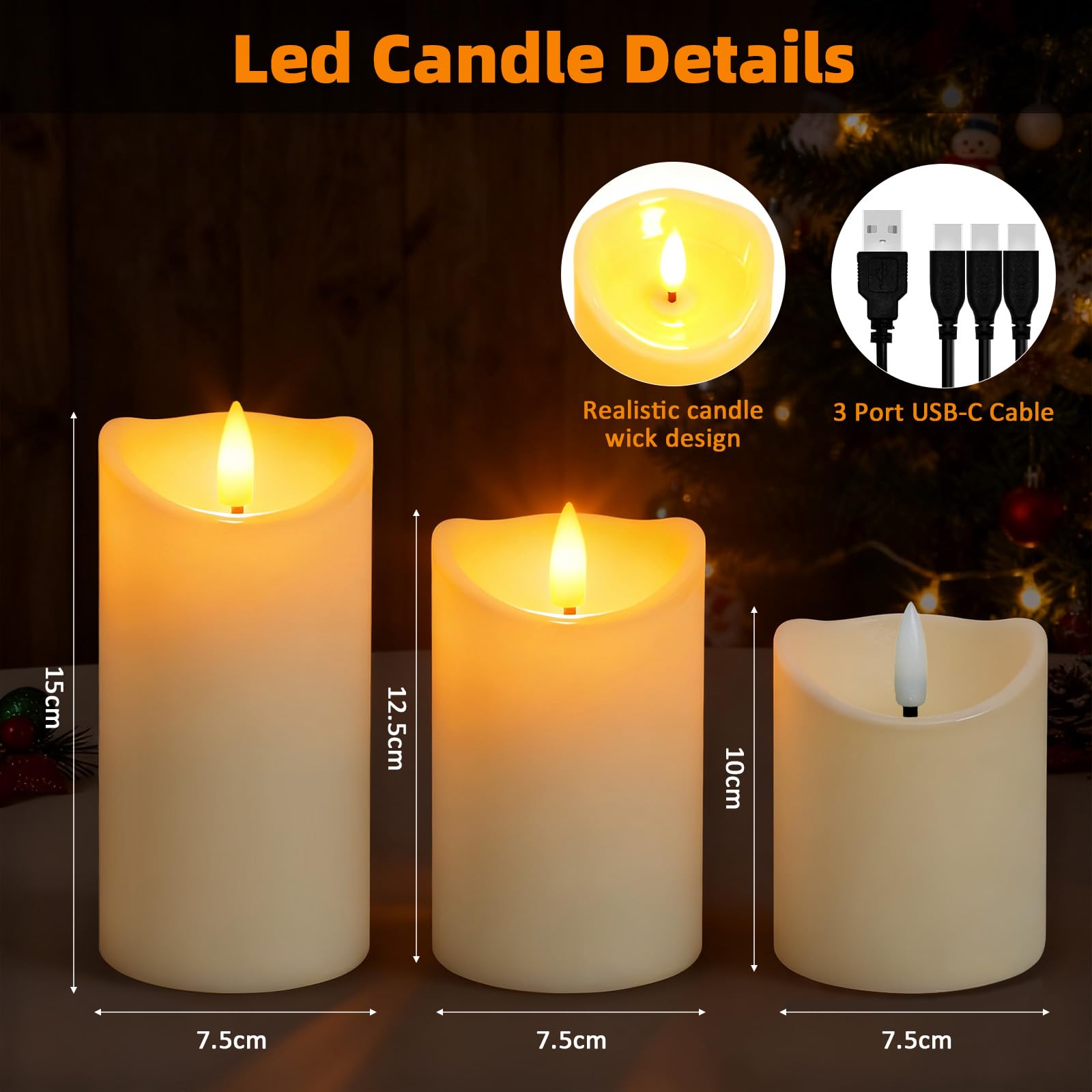 Candele LED Ricaricabili, Set da 3 Pezzi, Perfette per Decorazioni Natalizie e Illuminazione Interna Quotidiana