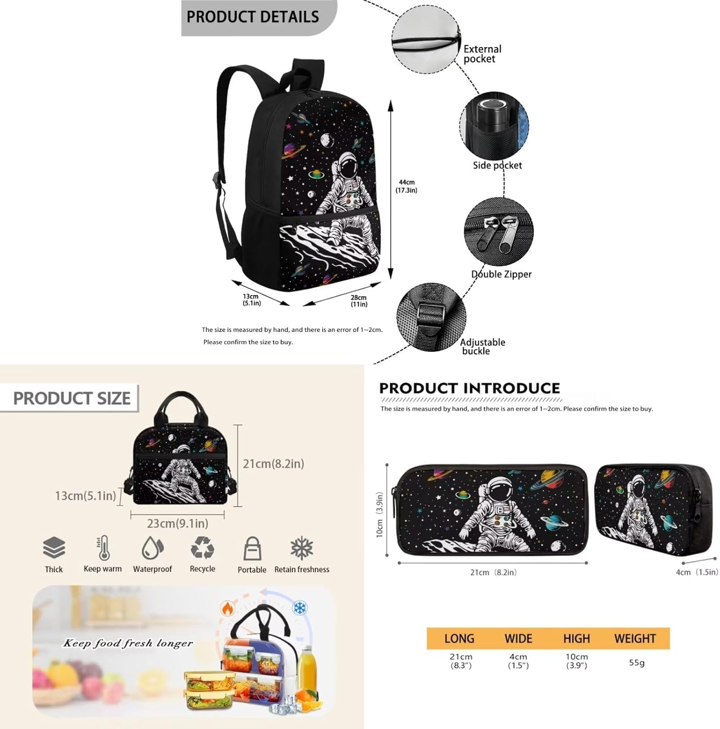 Astronaut Kid's School Backpack Insulated Picnic Lunch Box Pen Holder Organizer 3PCS for Children Girls Boys