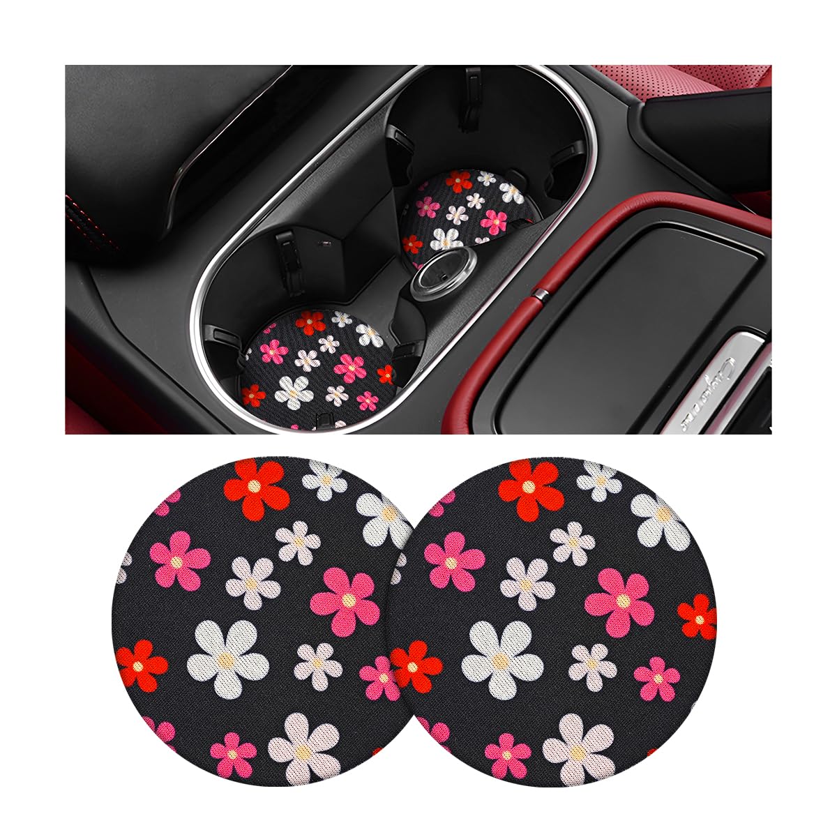 AUCELI 2 Pack Car Coasters, Universal Vehicle Cup Holder Insert Coasters, 2.75 Inch Anti-Slip Shockproof Rubber Drink Mug Cup Mat Pad, Cute Car Accessories Interior Ornaments for Women Men