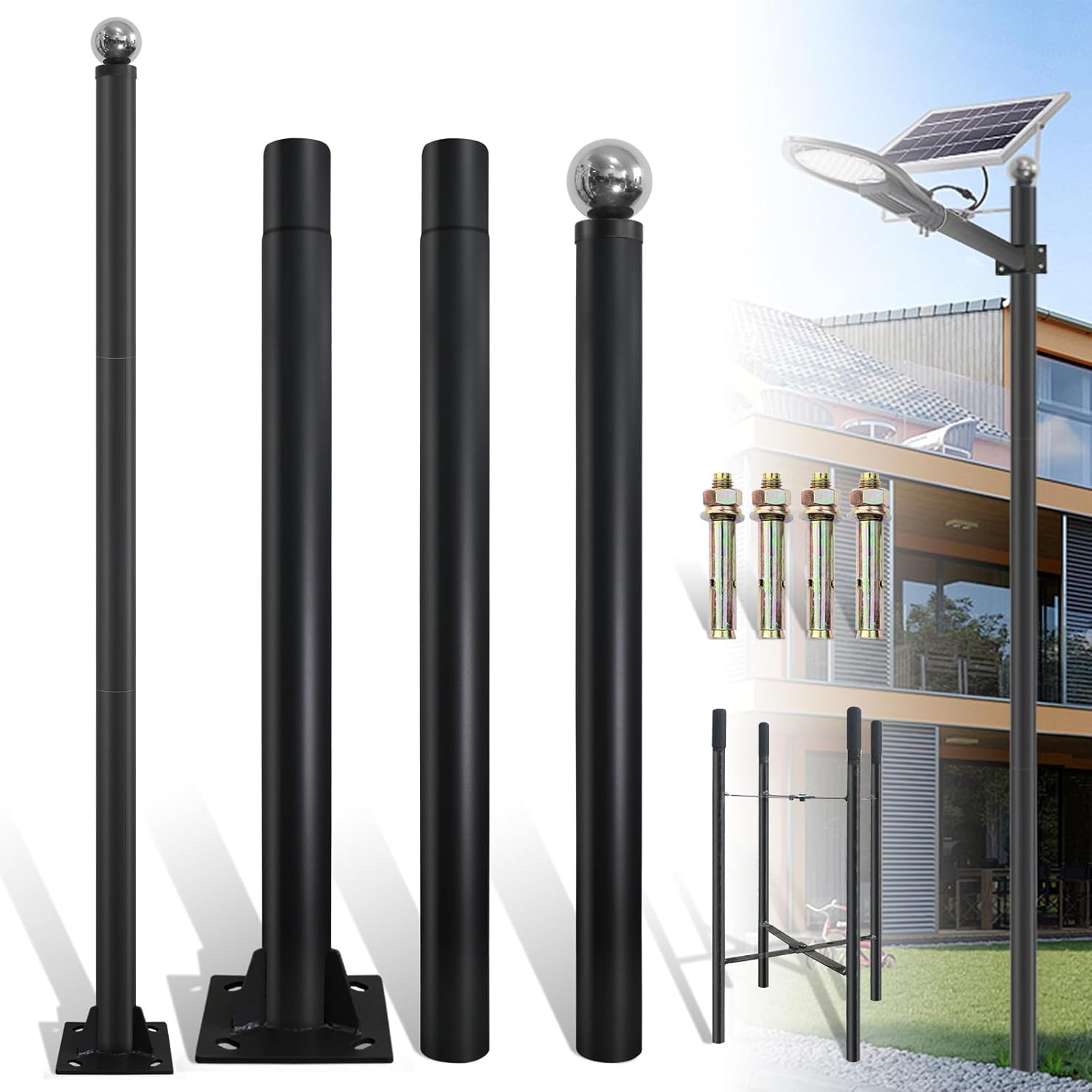 Street Light Pole 10ft Tall, Black Outdoor Galvanized Heavy-duty Metal Solar Street Lamp Post, Suitable for Outdoor Street Courtyard Parking Lot Lighting Fixtures with Mounting Rebar Cage (10 FT 76mm)