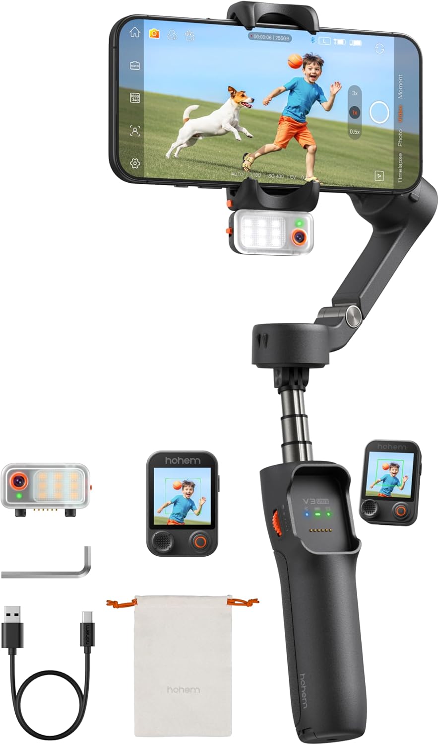 Hohem iSteady V3 Ultra Gimbal Stabilizer for iPhone, AI Tracker with Light, 1.22" Full-color Touchscreen Remote Control, Built-In Extension Rod & Tripod, 360° Infinite Tracking, Video Recording, Black