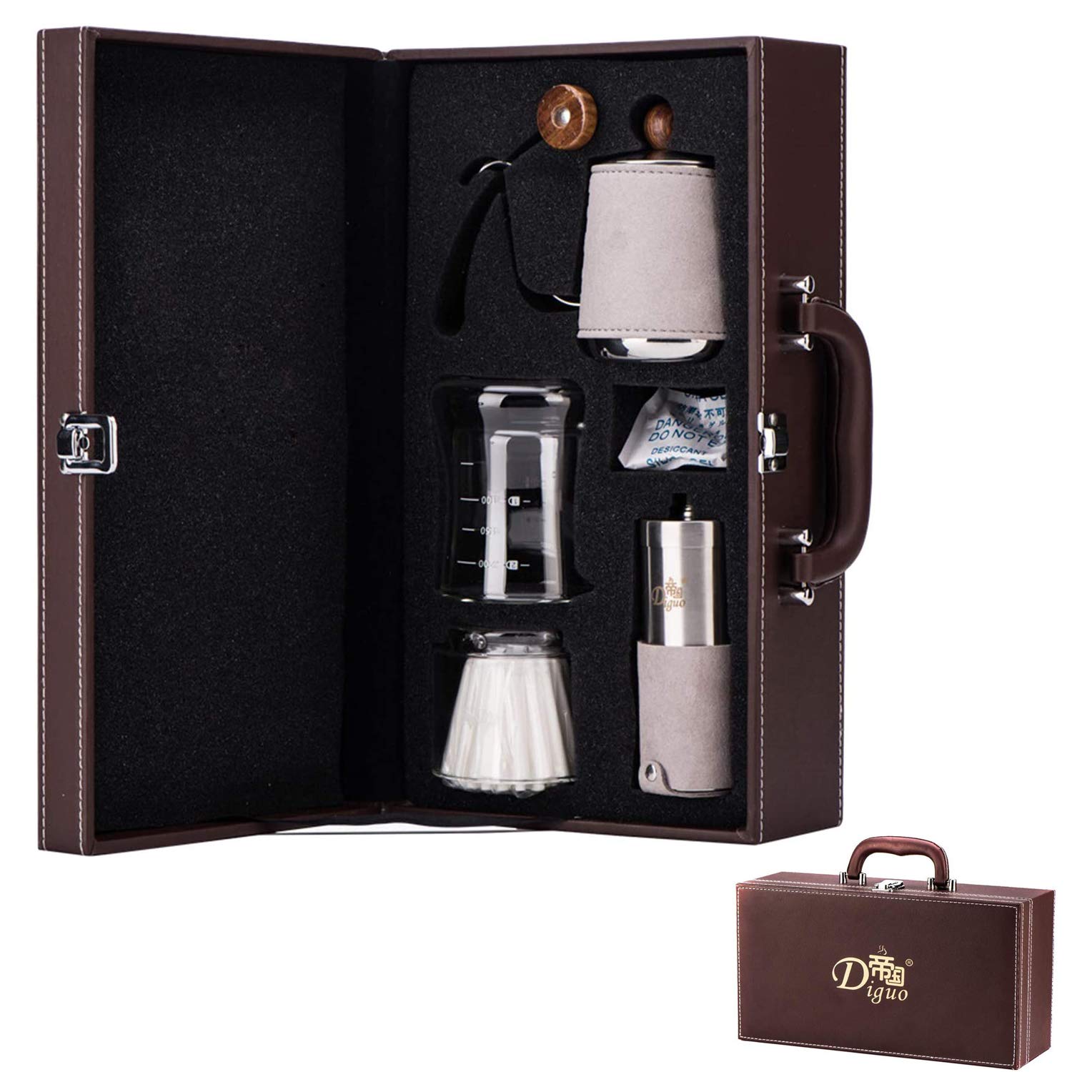 IE Diguo Coffee Maker Set,Pour Over Coffee Maker,Espresso Maker Coffee Pot, Gooseneck Kettle Filter Paper Coffee Grinder Double Filter Bowl, Drip Cup Kettle,Filter Paper,Coffee Grinder (Grey)