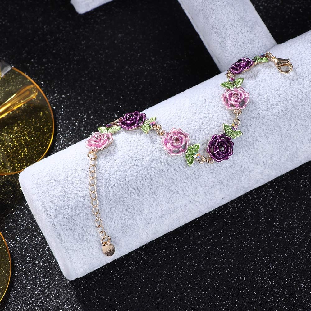 Flower Bracelet,Colorful Link Bracelets Rose Flower Leaf Bangle Bracelet Anklet Cloisonne National Chain Hand Jewelry With Charm rhinestones For Women Lady Girl,With Adjustable Extension Chain Gift Box - Image 3
